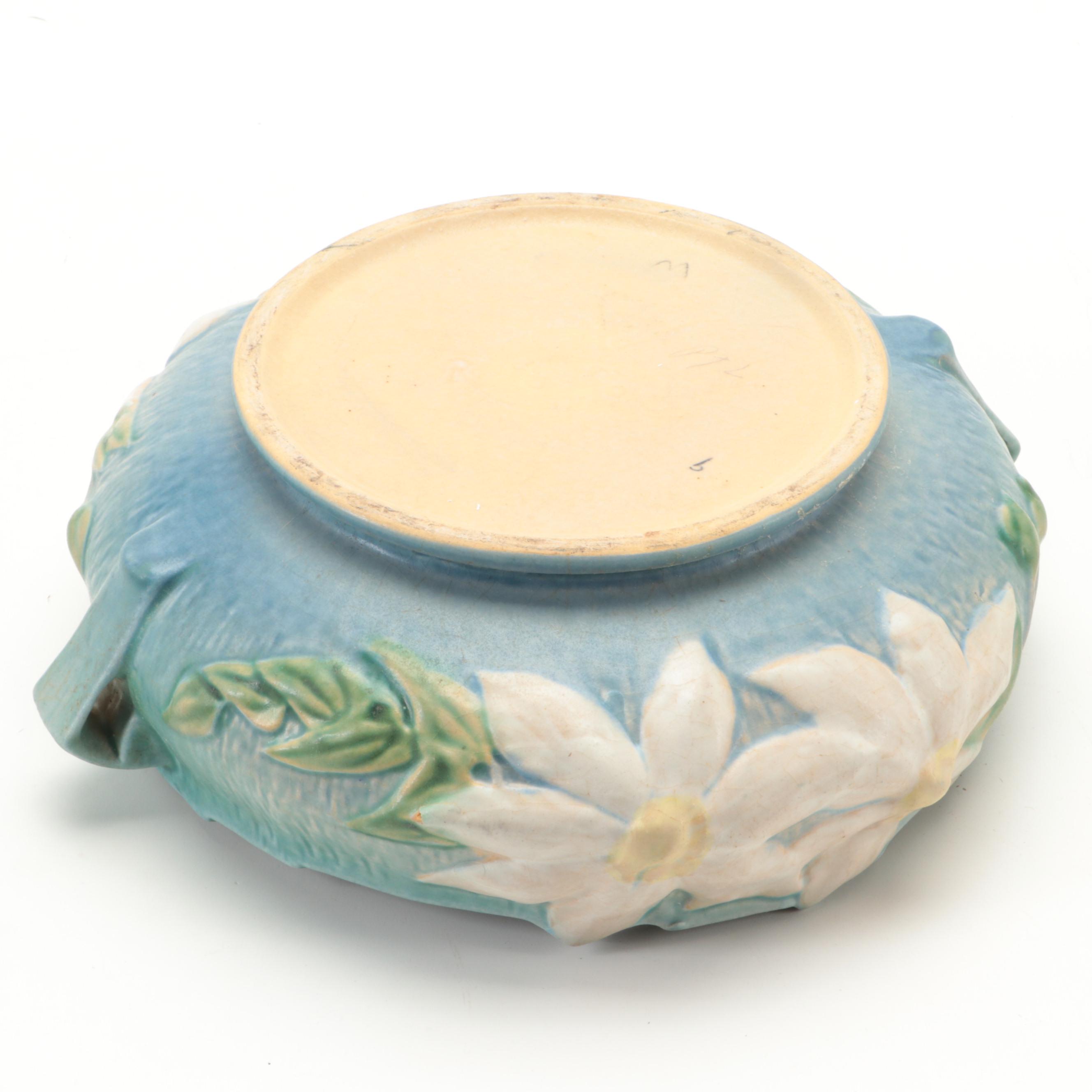 Roseville White "Clematis" Teapot and Creamer with Centerpiece Bowl and Vase