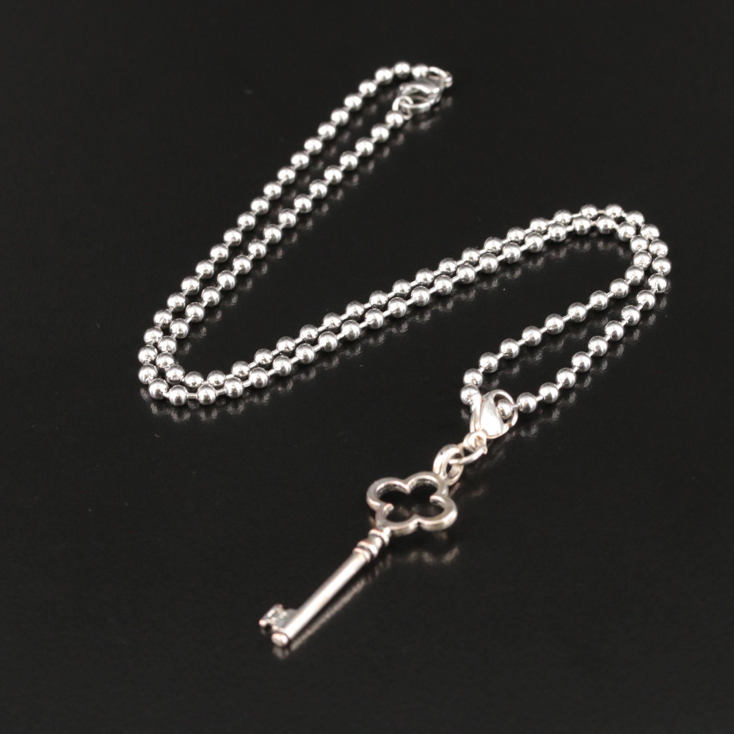 Key Pendant on Bead Chain Necklace
