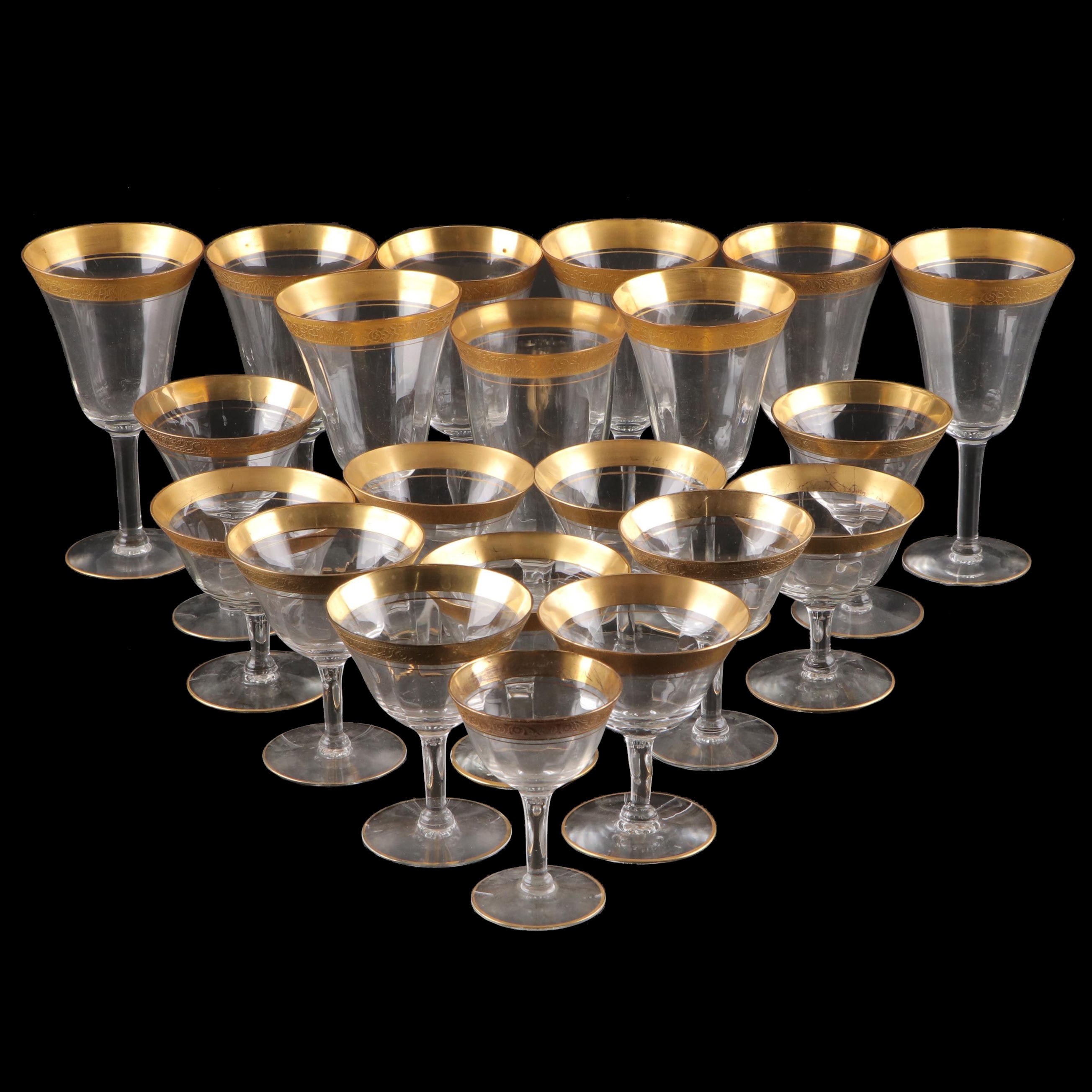 Tiffin-Franciscan Gilt Encrusted Rimmed Optic Glass Water Goblets and More