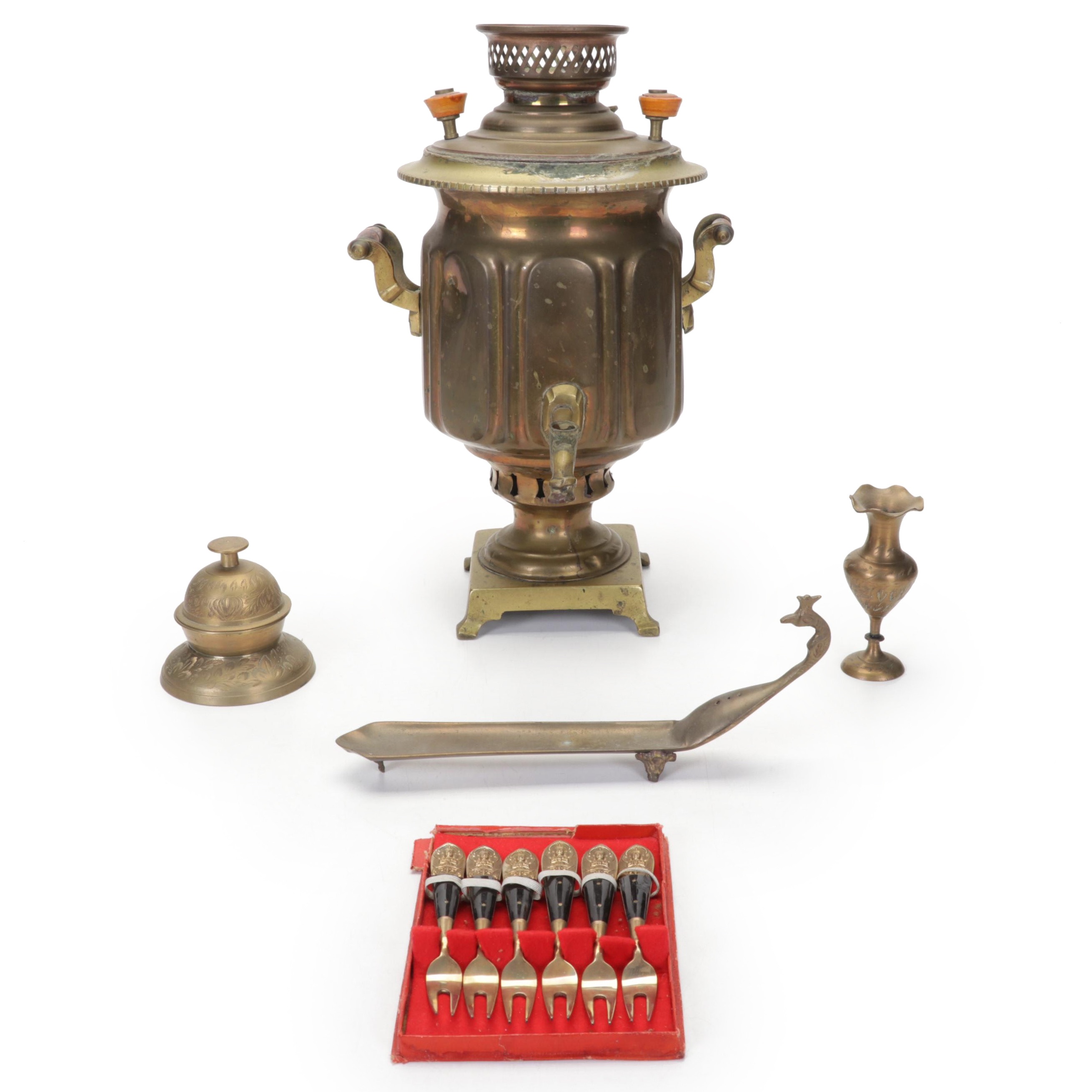Engraved Middle Eastern Copper and Brass Samovar with Other Tableware and Décor