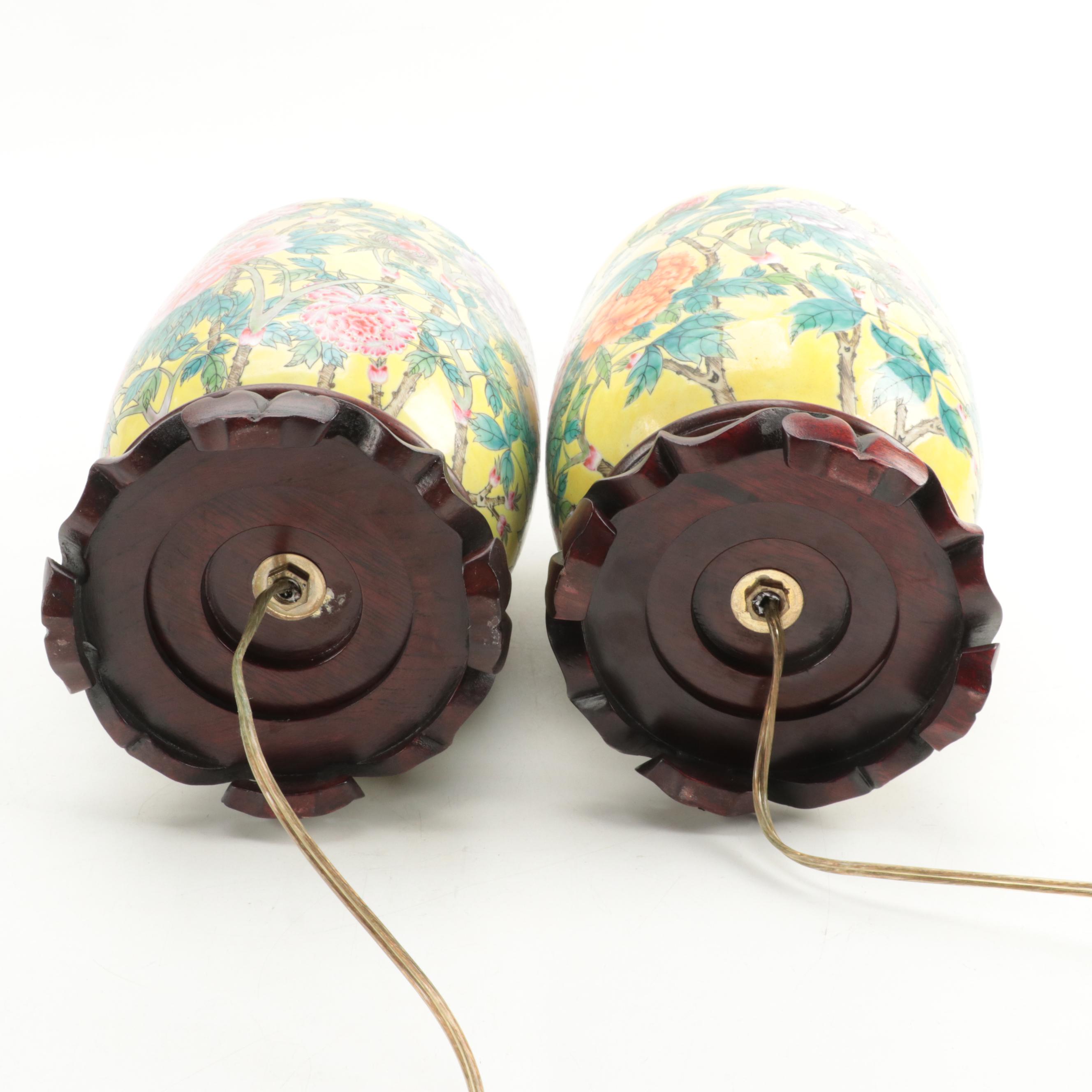 Pair of Chinese Famille Jaune Porcelain Vase Table Lamps, Late 20th Century