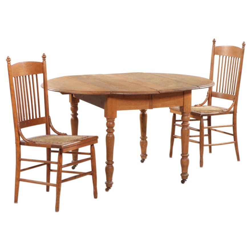 Oak Drop Leaf Dining Table with Two Chairs, Early 20th Century