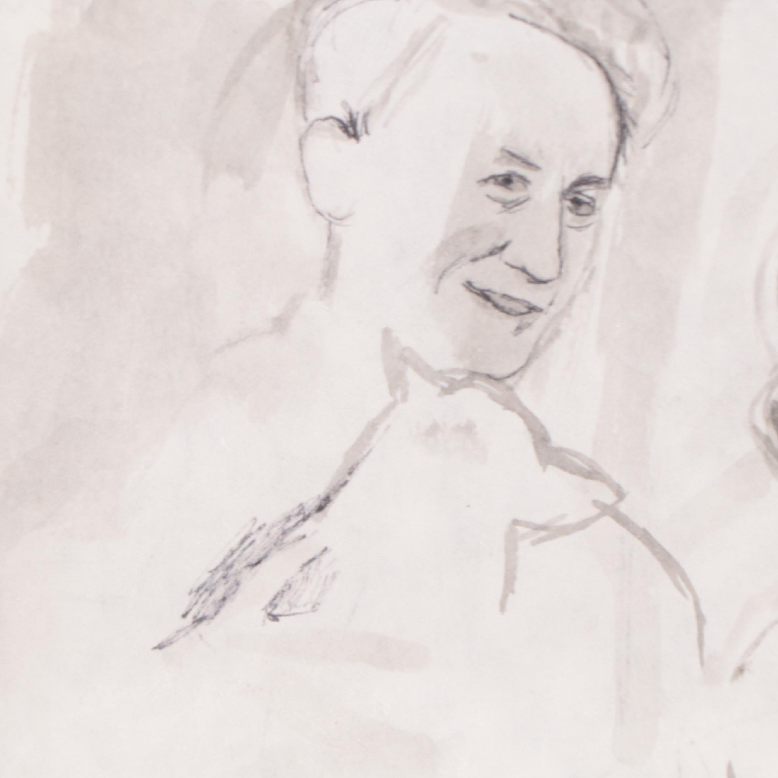 Sidney Chafetz Ink Painting of Couple Carrying Dogs, 1999