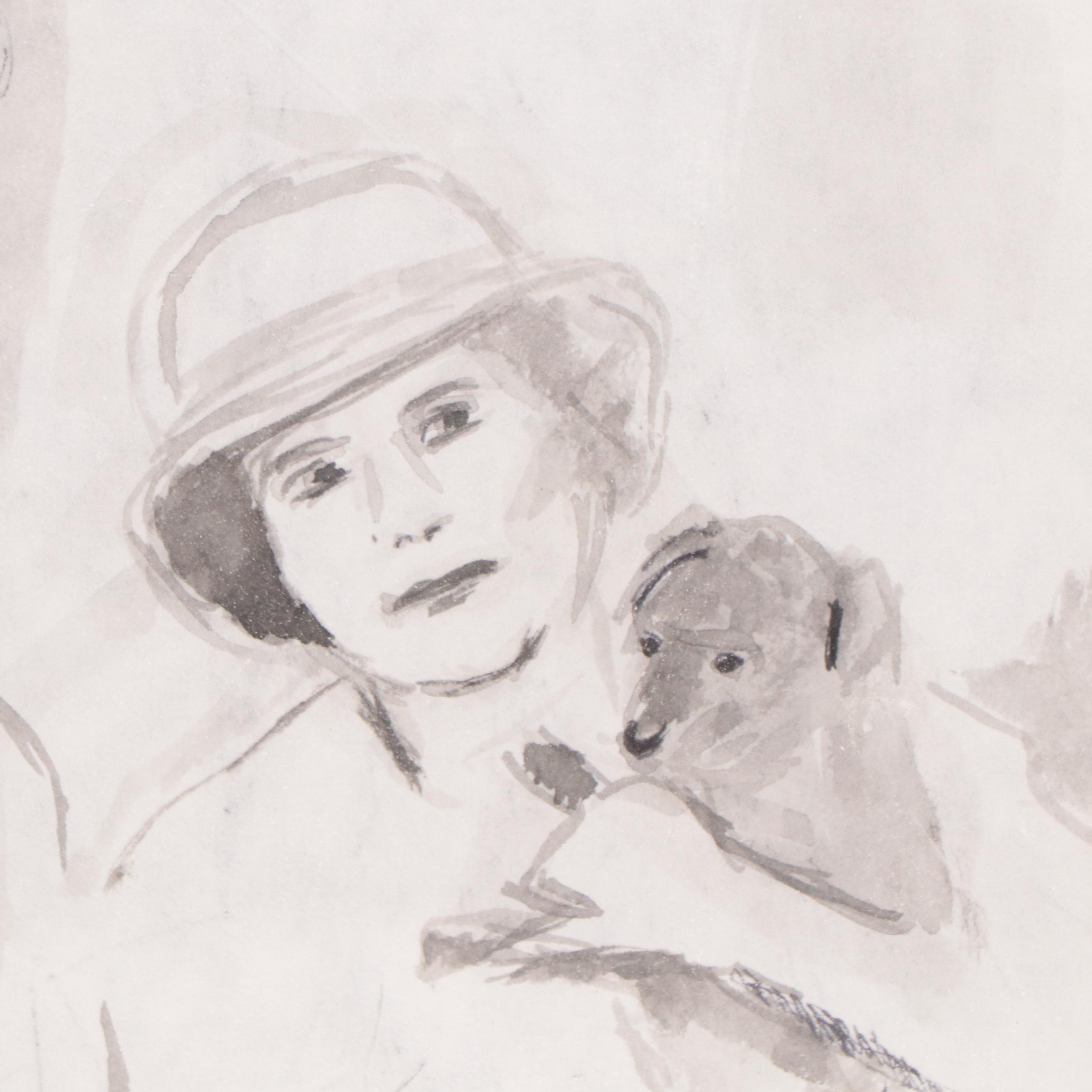 Sidney Chafetz Ink Painting of Couple Carrying Dogs, 1999