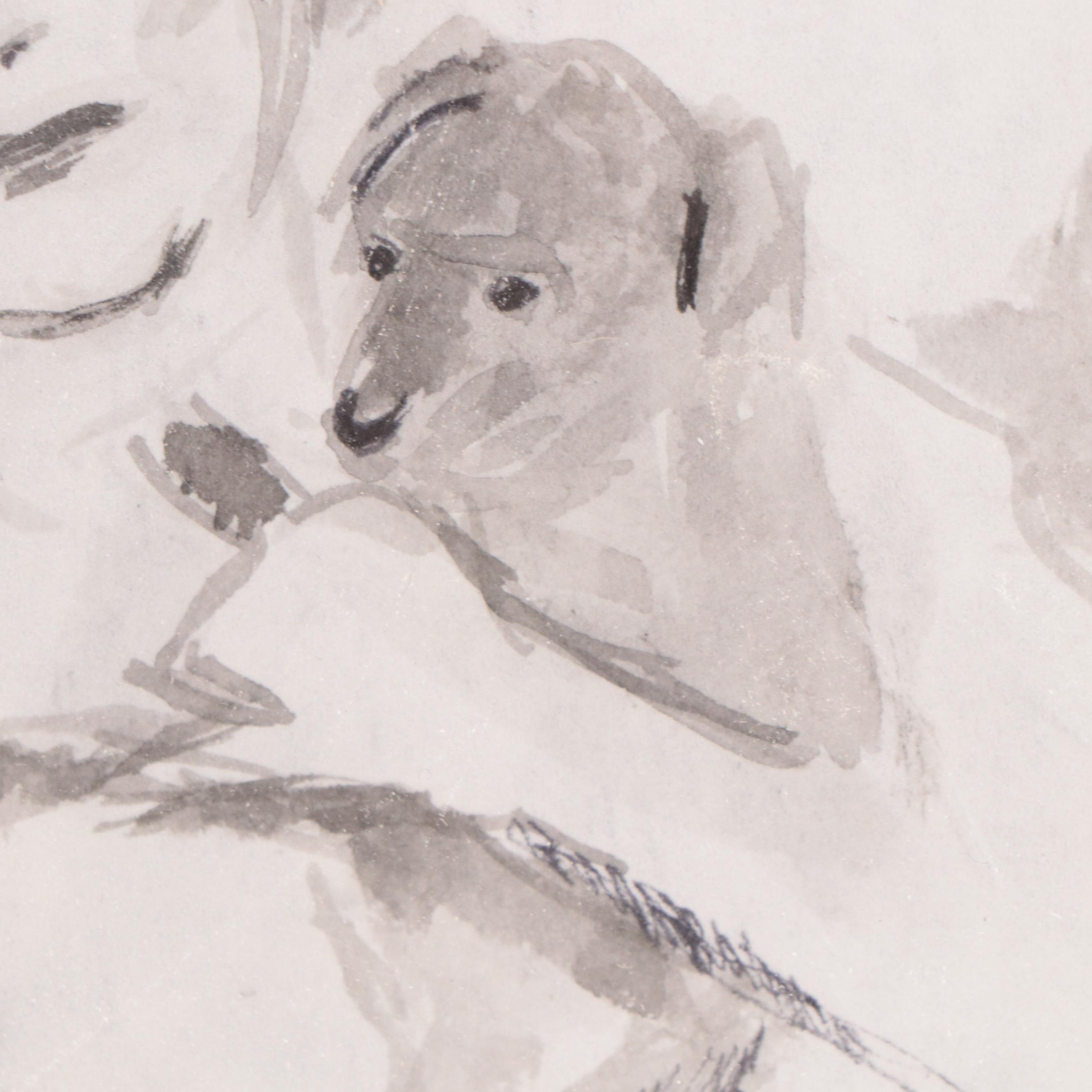 Sidney Chafetz Ink Painting of Couple Carrying Dogs, 1999