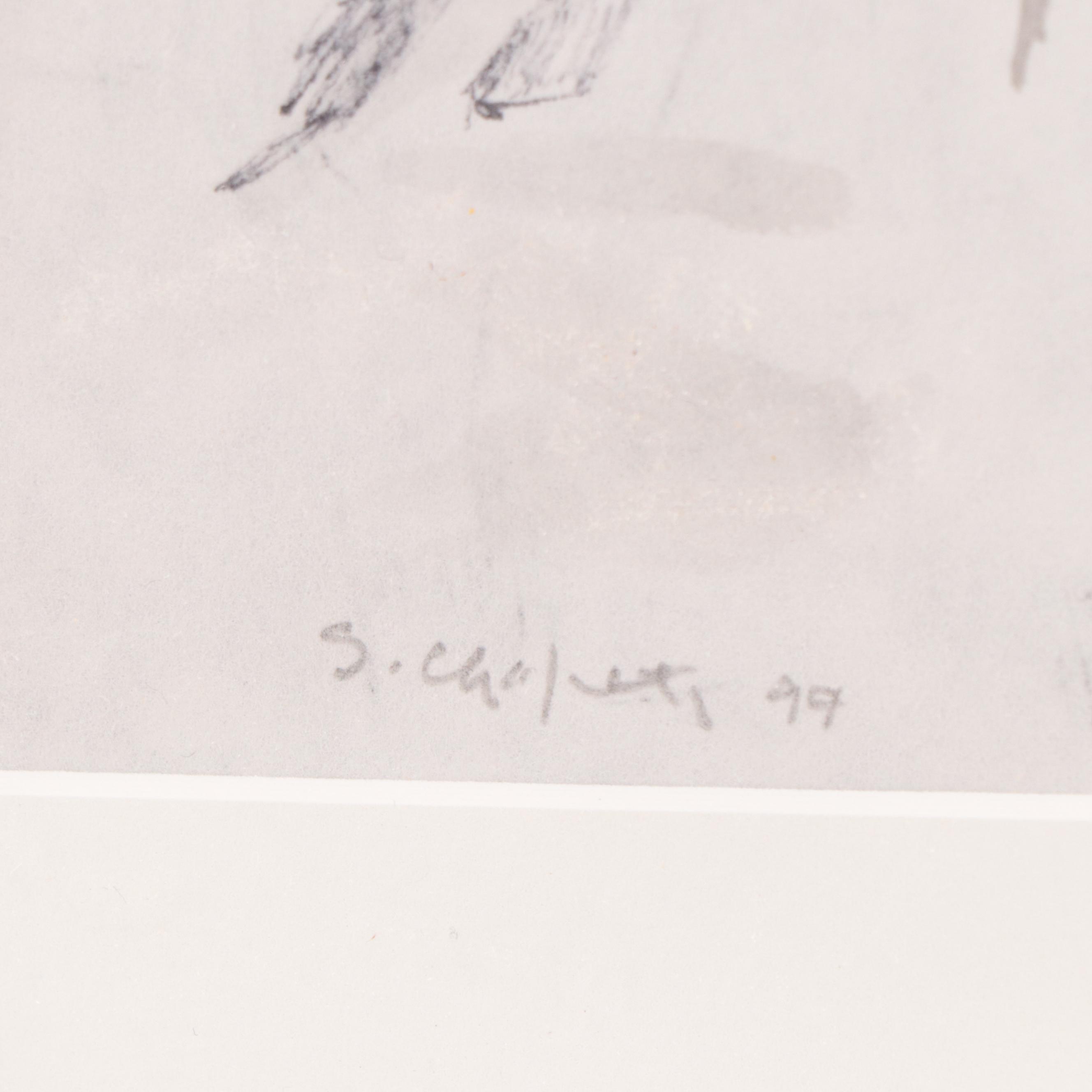 Sidney Chafetz Ink Painting of Couple Carrying Dogs, 1999