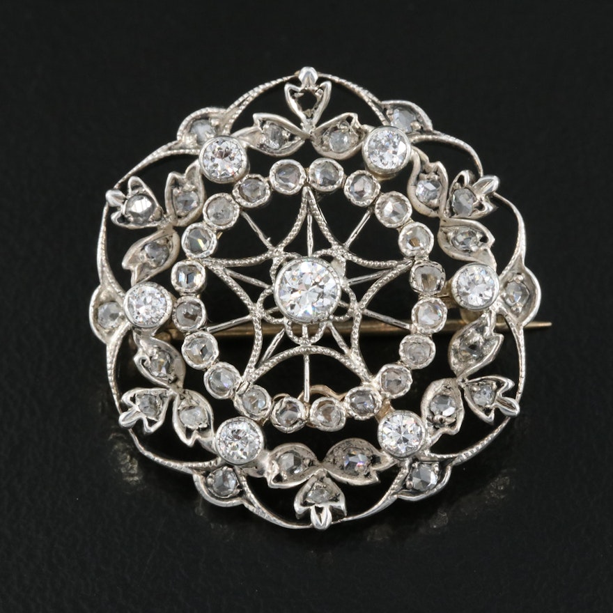 Antique Sterling Diamond Brooch with 10K Backing