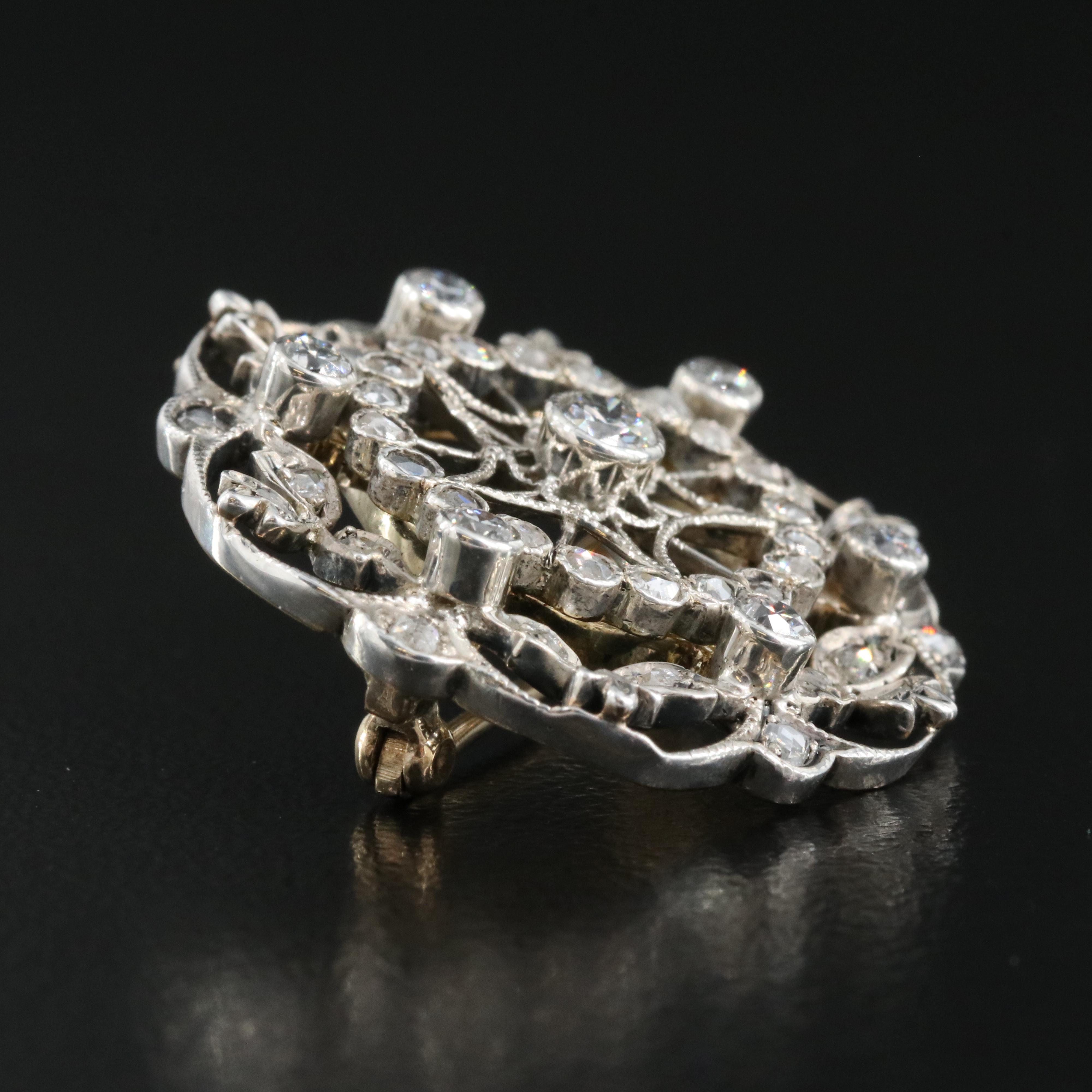 Antique Sterling Diamond Brooch with 10K Backing