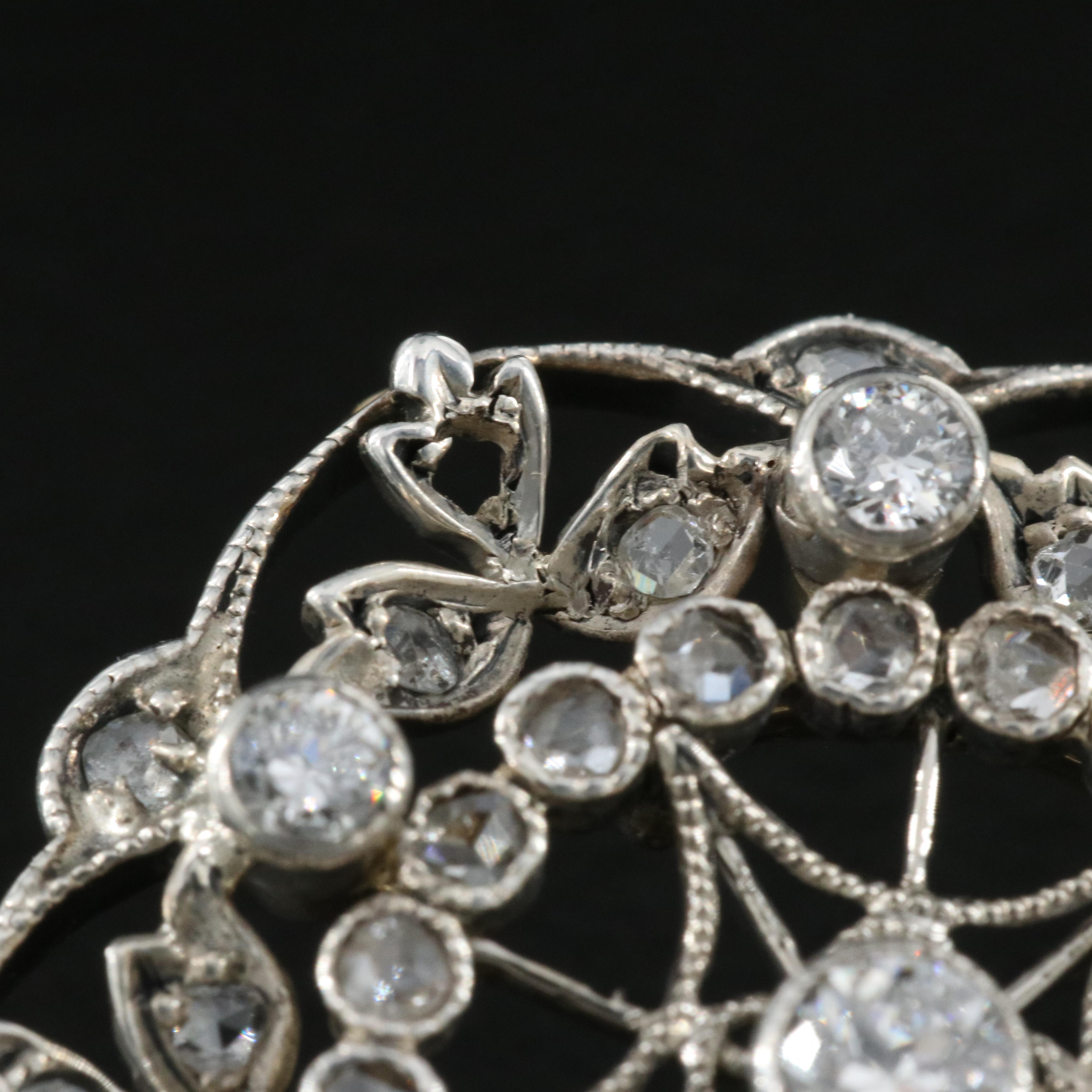 Antique Sterling Diamond Brooch with 10K Backing