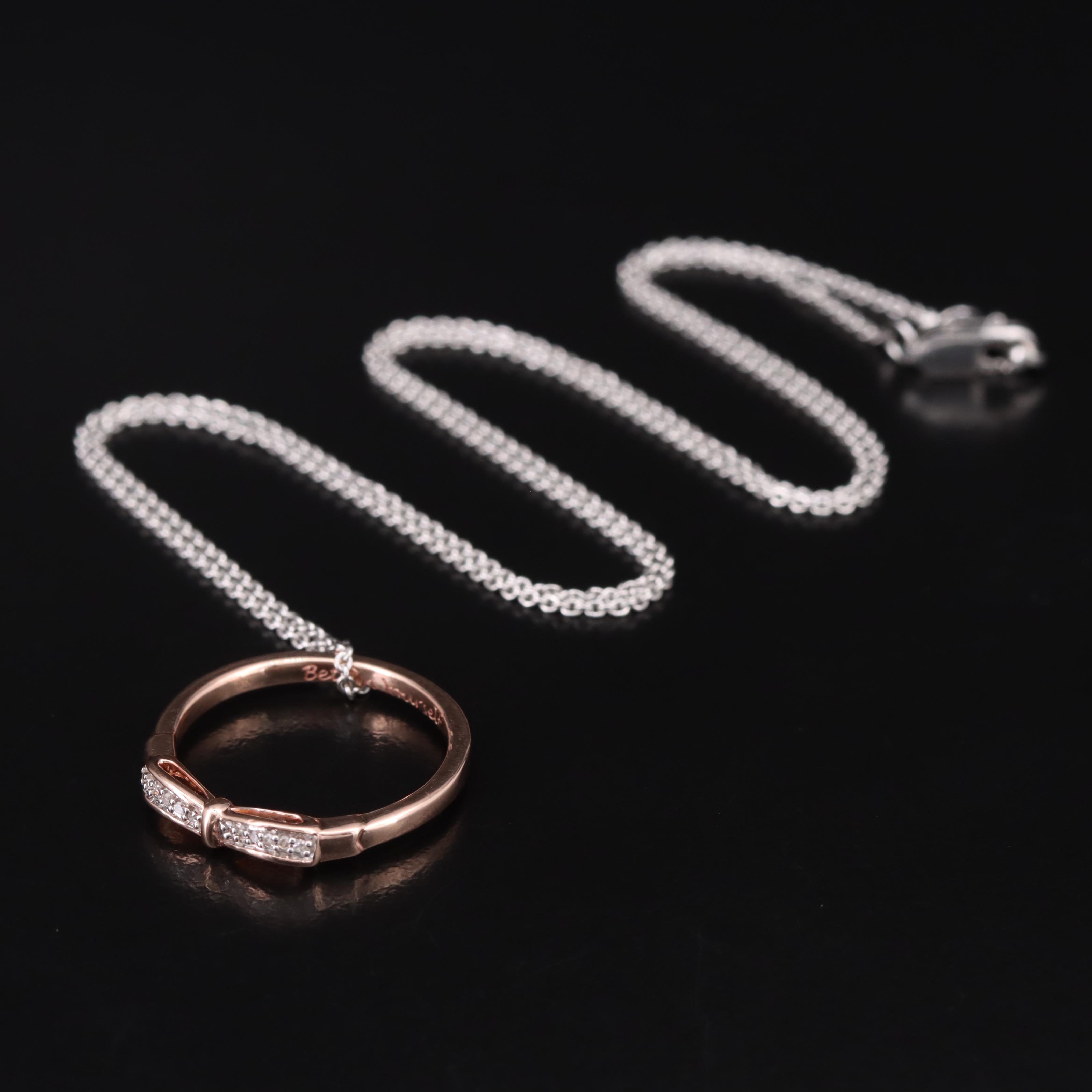 10K Rose Gold 0.03 CTW Diamond Bow Ring on Sterling Chain Necklace