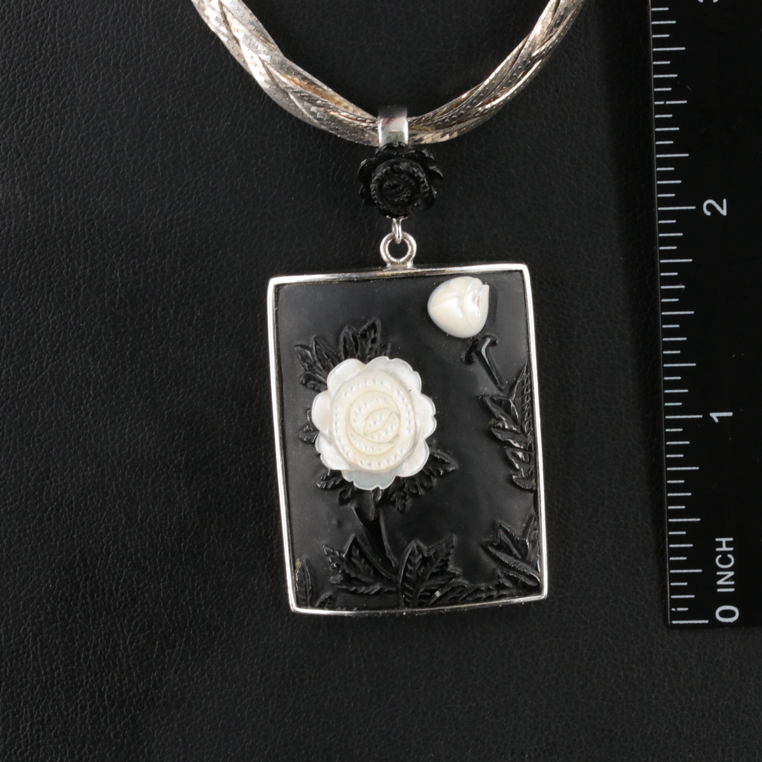 Sterling Black Onyx and Mother-of-Pearl Floral Panel on Braided Herringbone