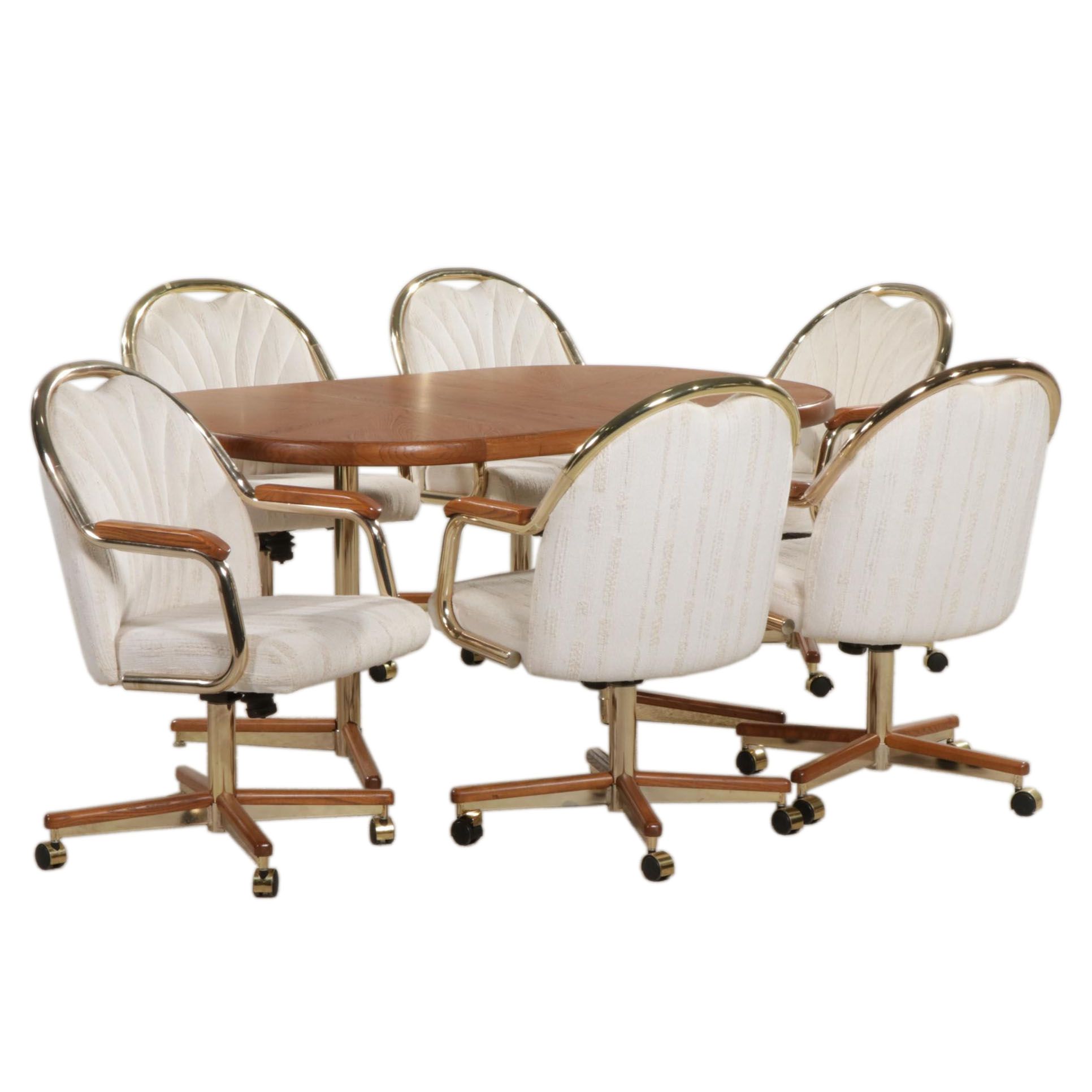 Chromcraft Modernist Oak and Brass Seven-Piece Dining Set, circa 1980