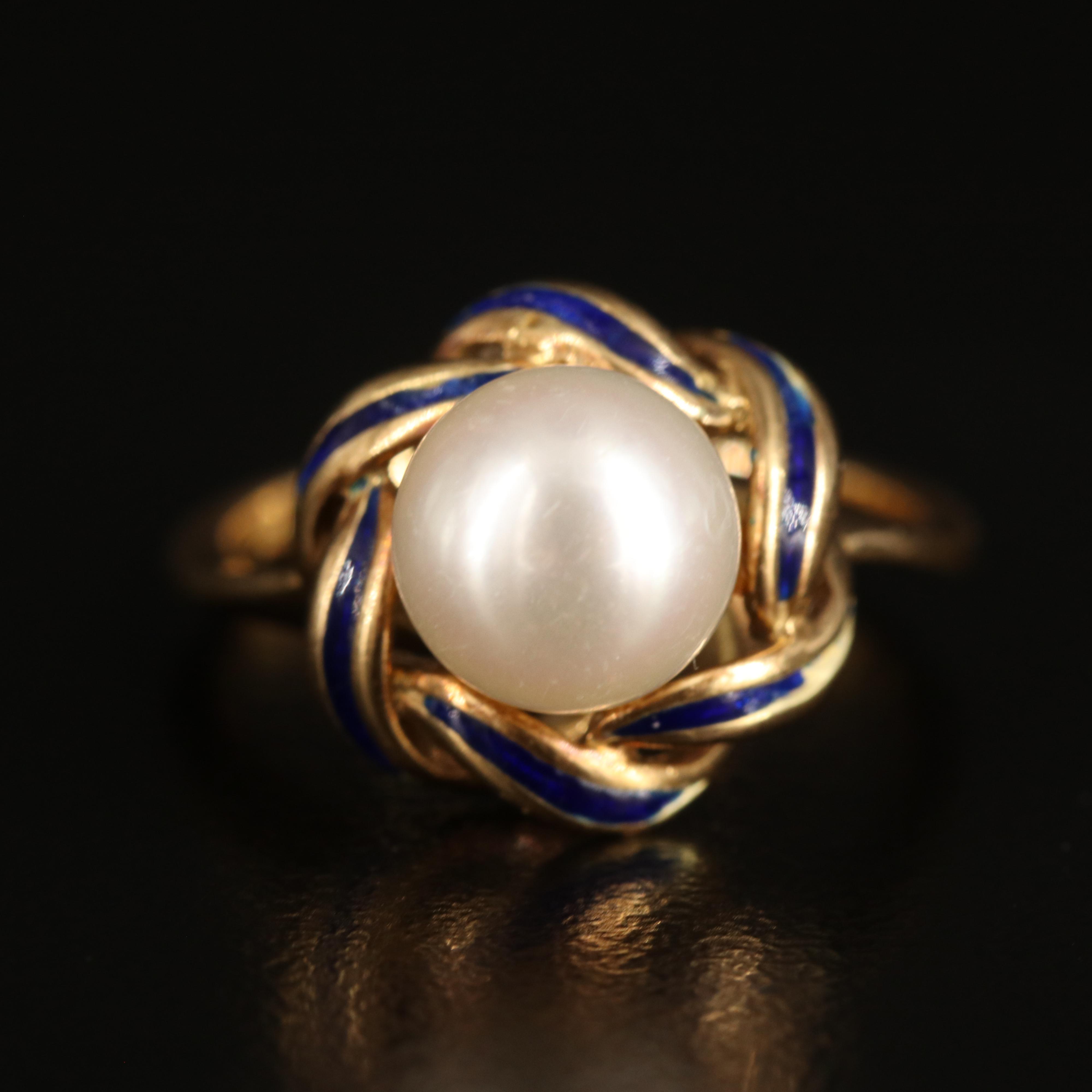 18K Pearl and Enamel Ring