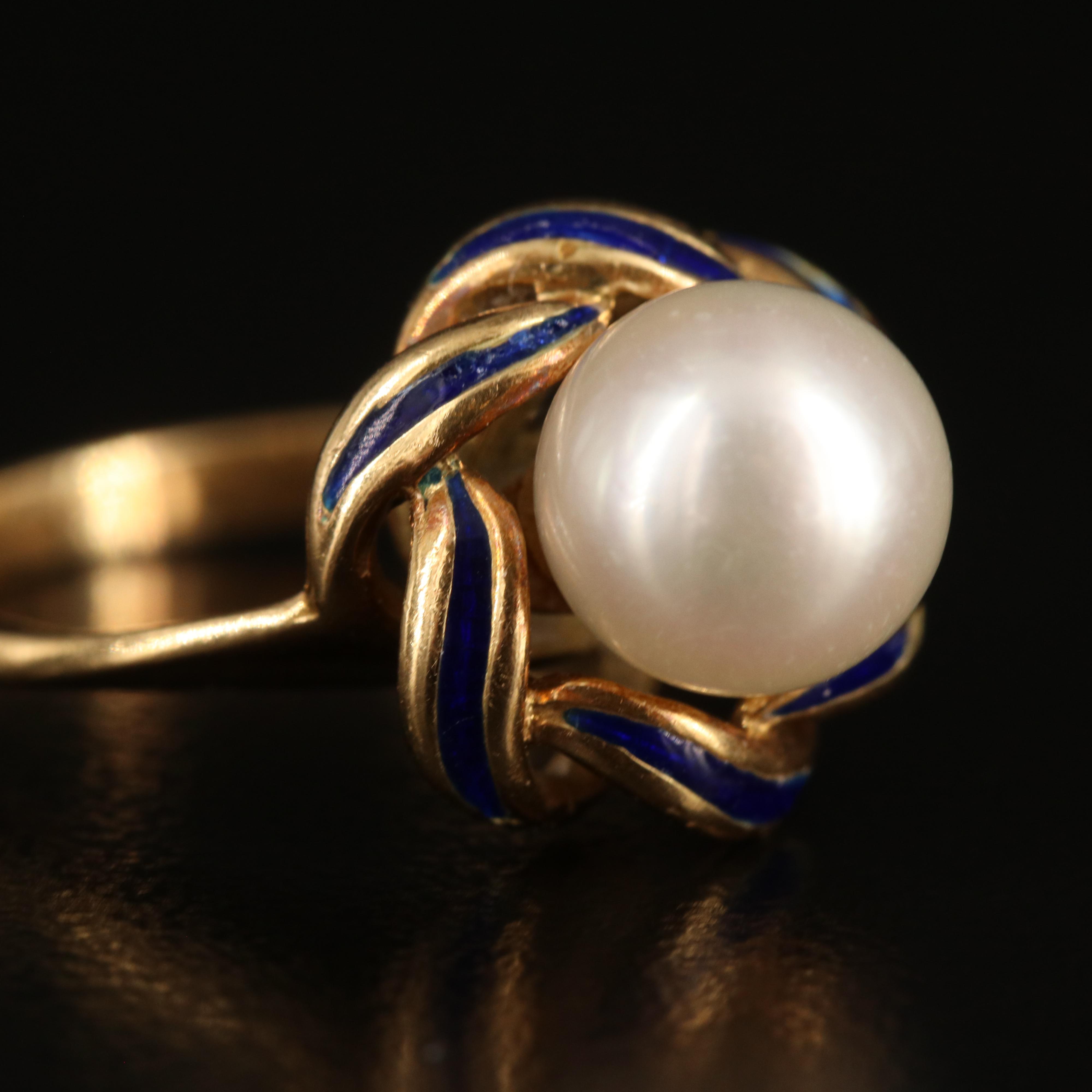 18K Pearl and Enamel Ring