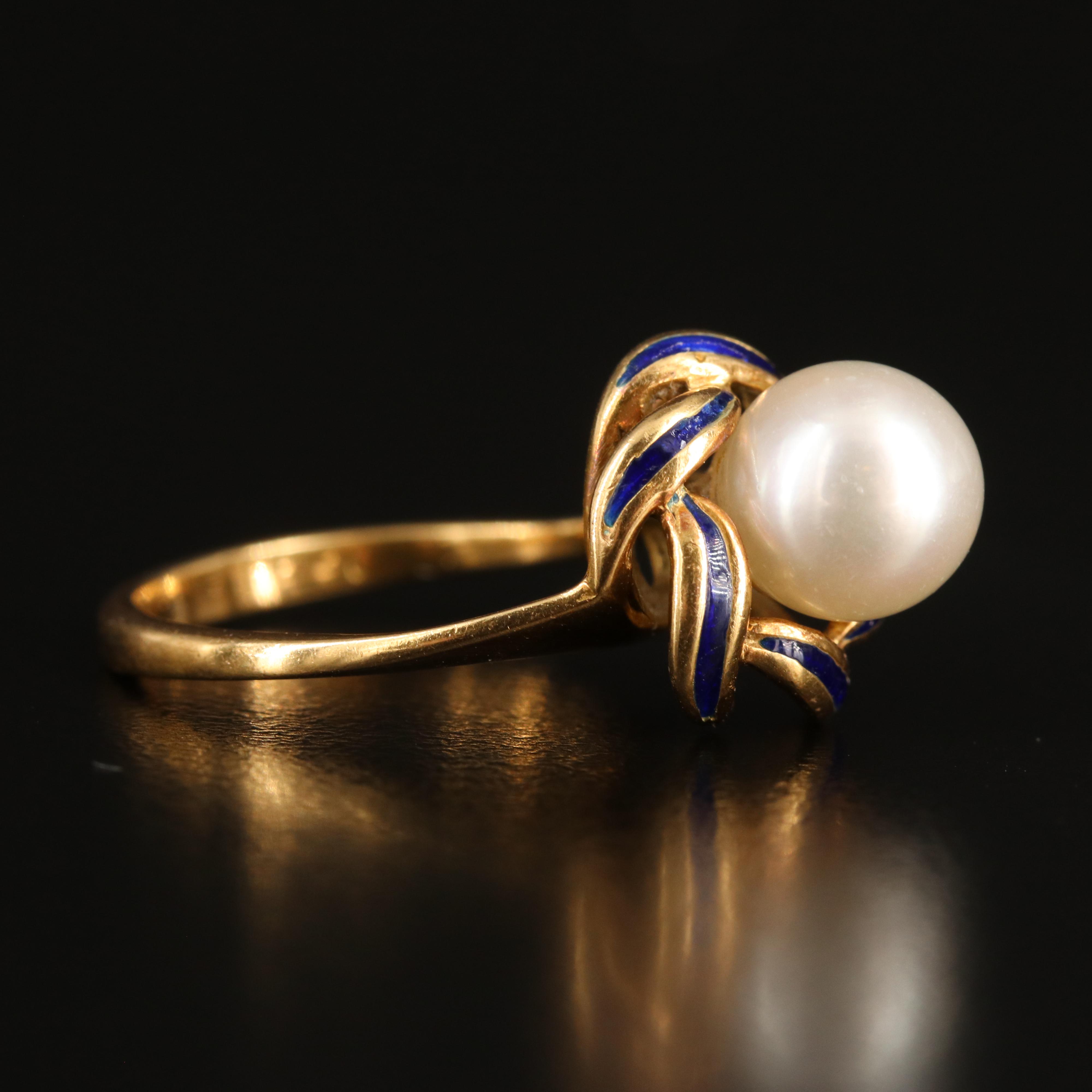 18K Pearl and Enamel Ring