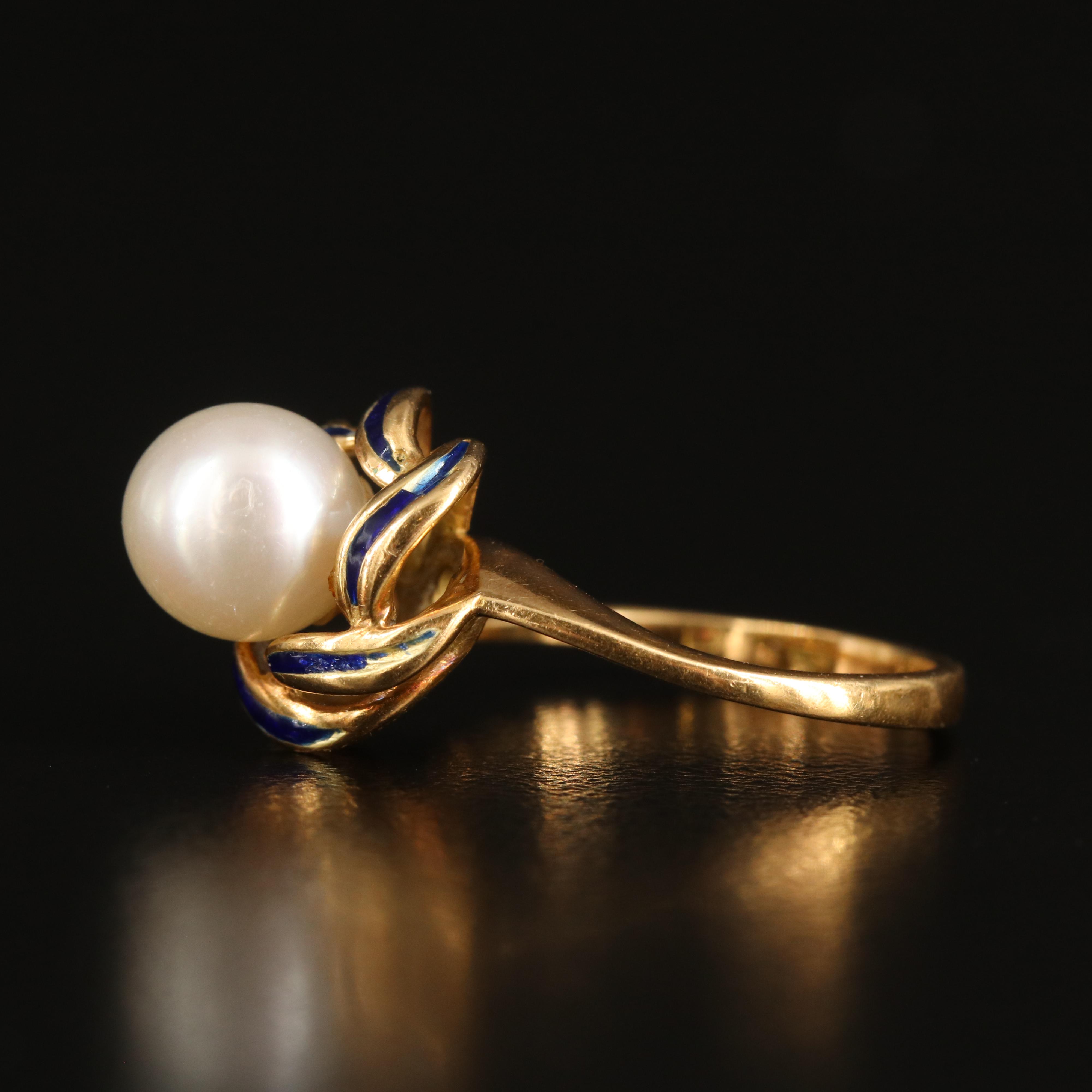 18K Pearl and Enamel Ring