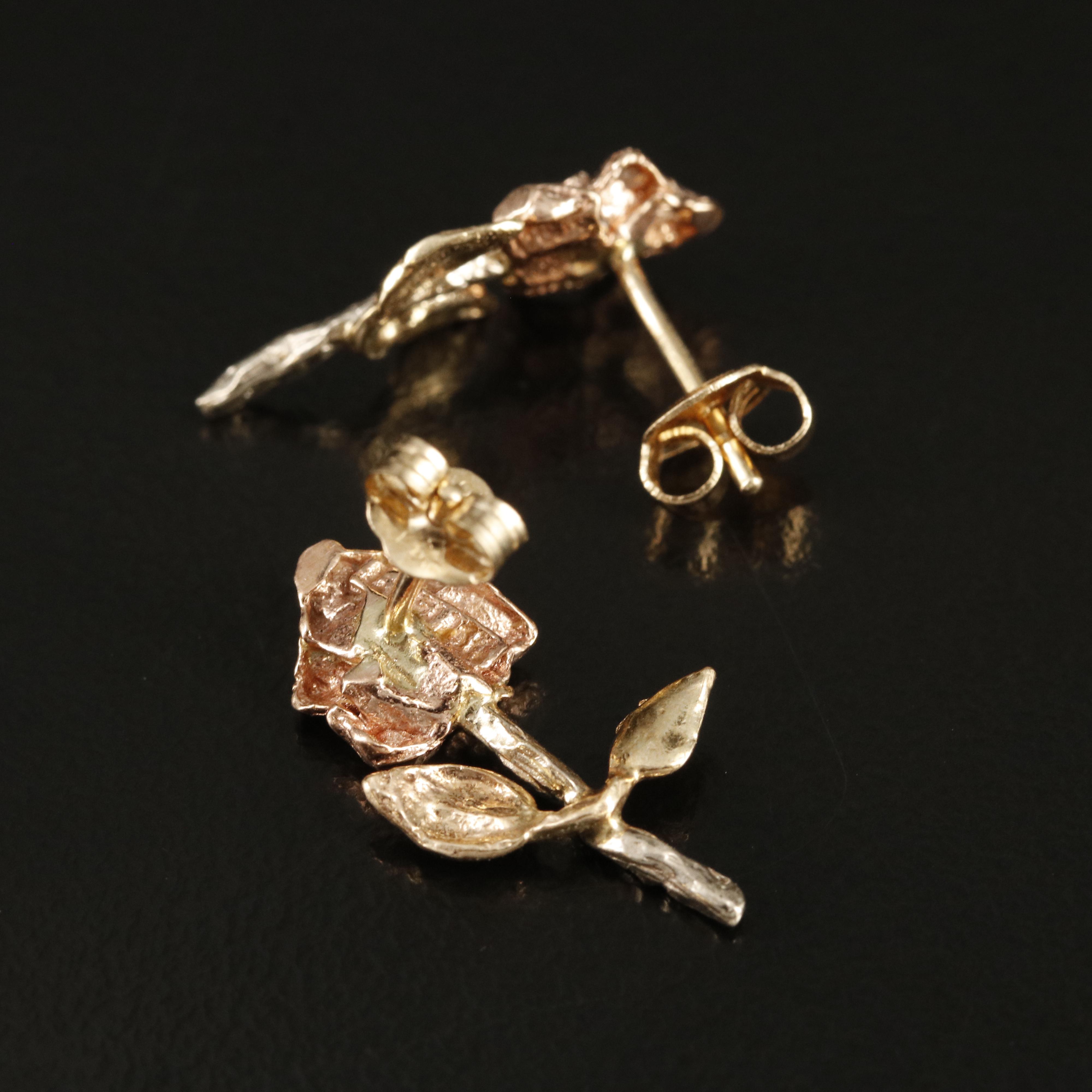 14K Tri-Color Rose Flower Earrings