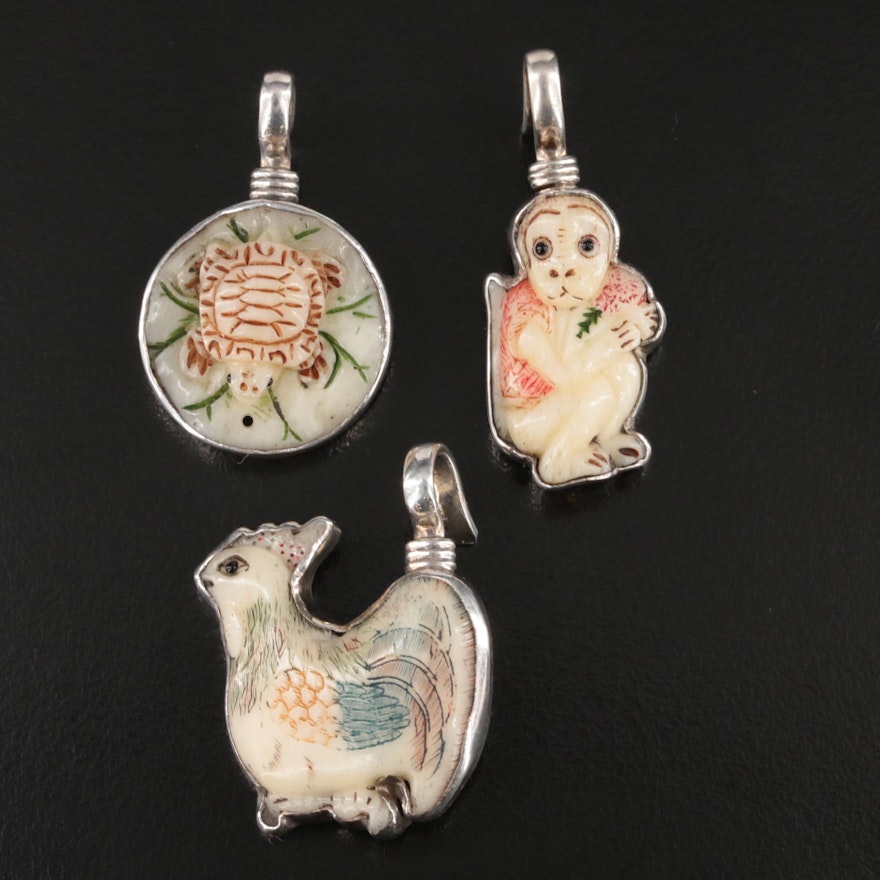 Coreen Cordova Que Milagro Sterling Bone Rooster, Turtle and Monkey Charms