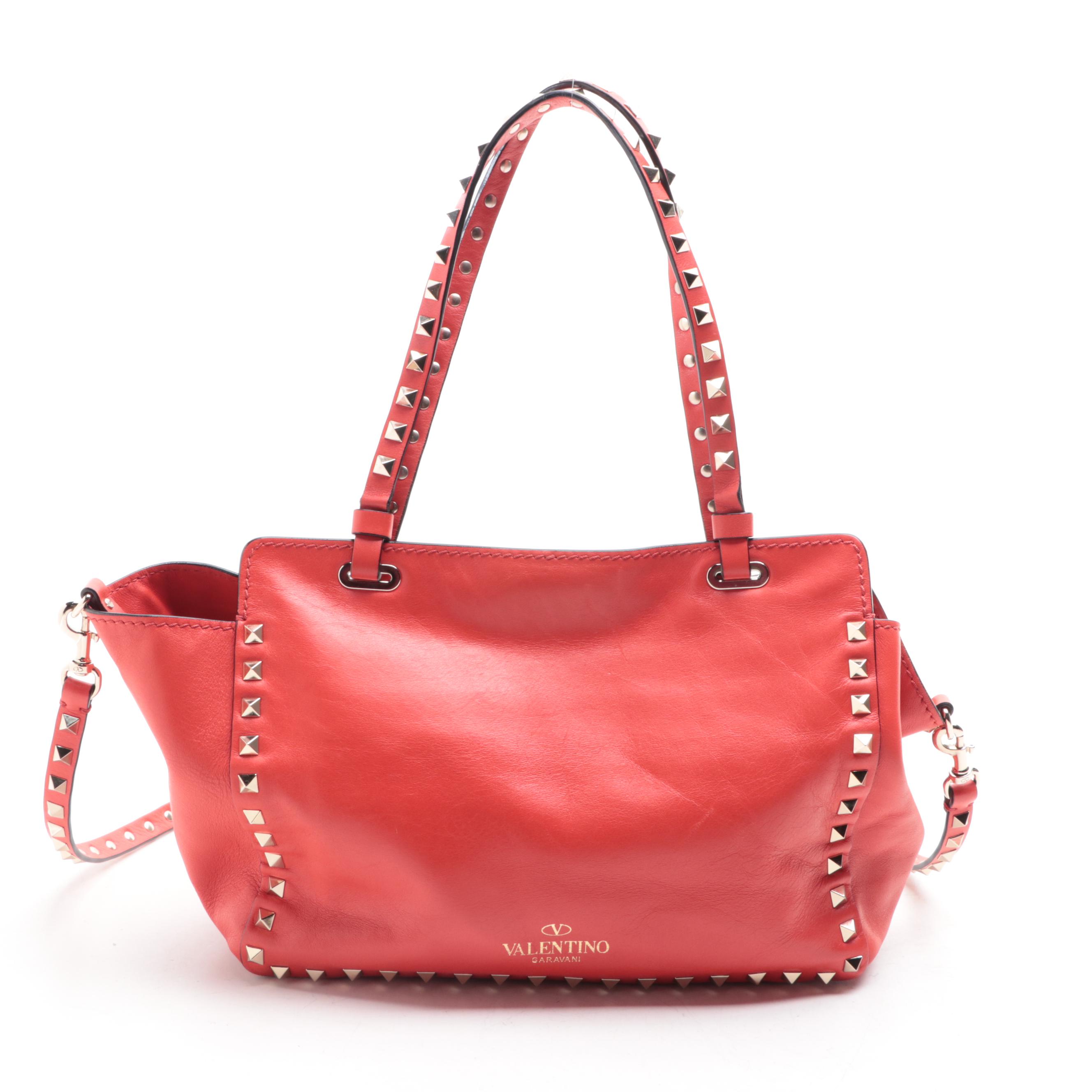 Valentino Rockstud Two-Way Tote in Red Vitello Leather