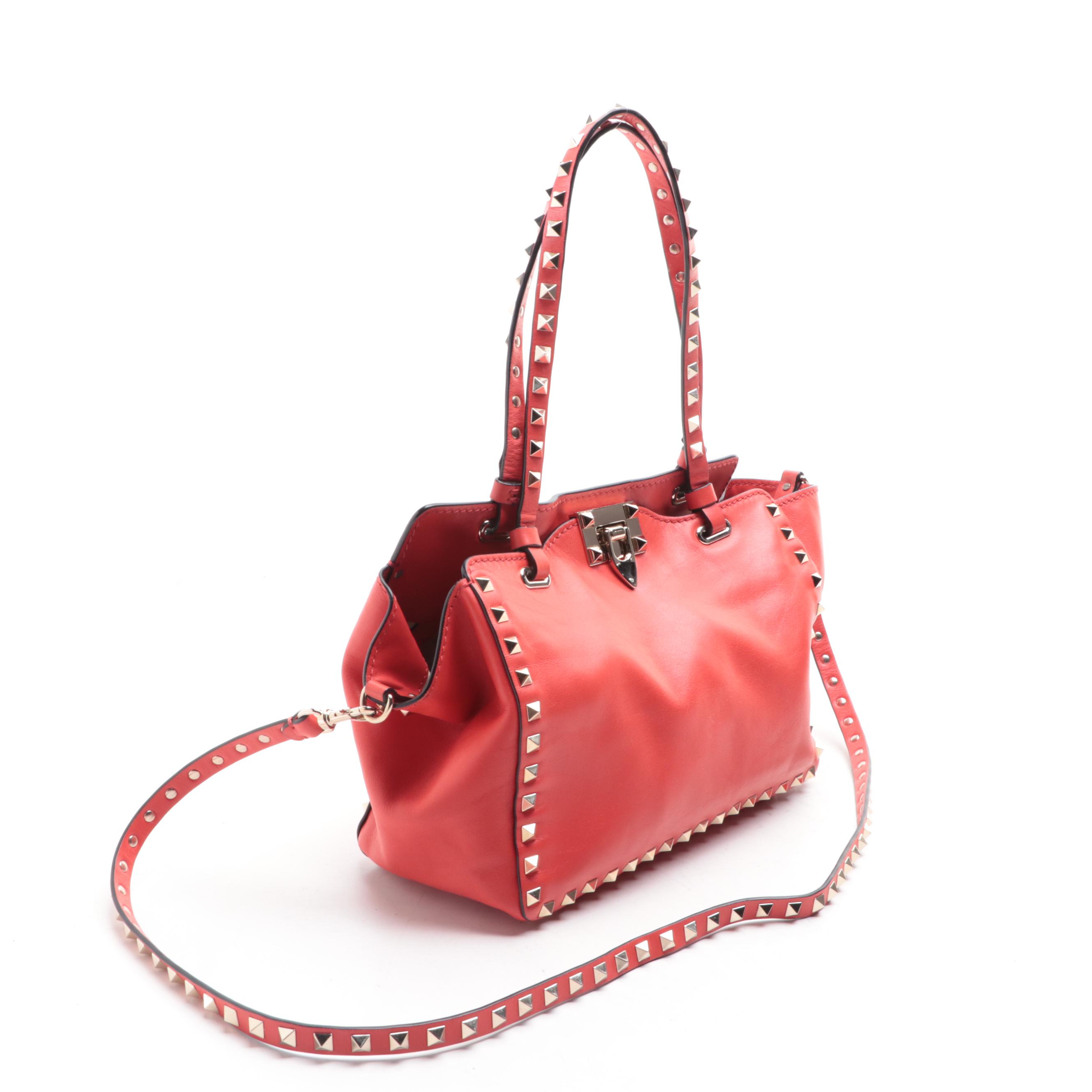 Valentino Rockstud Two-Way Tote in Red Vitello Leather