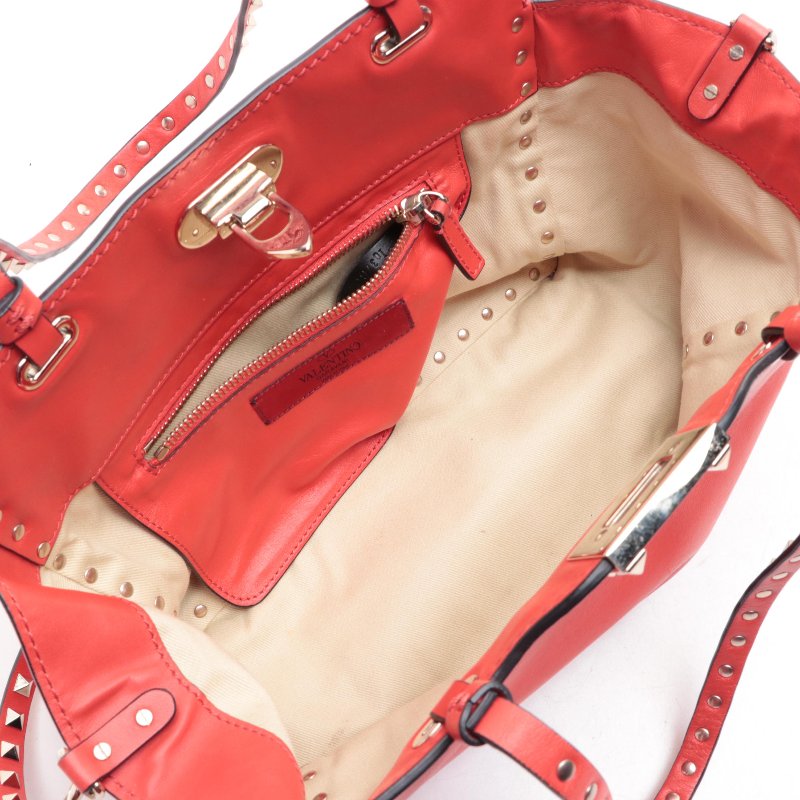 Valentino Rockstud Two-Way Tote in Red Vitello Leather
