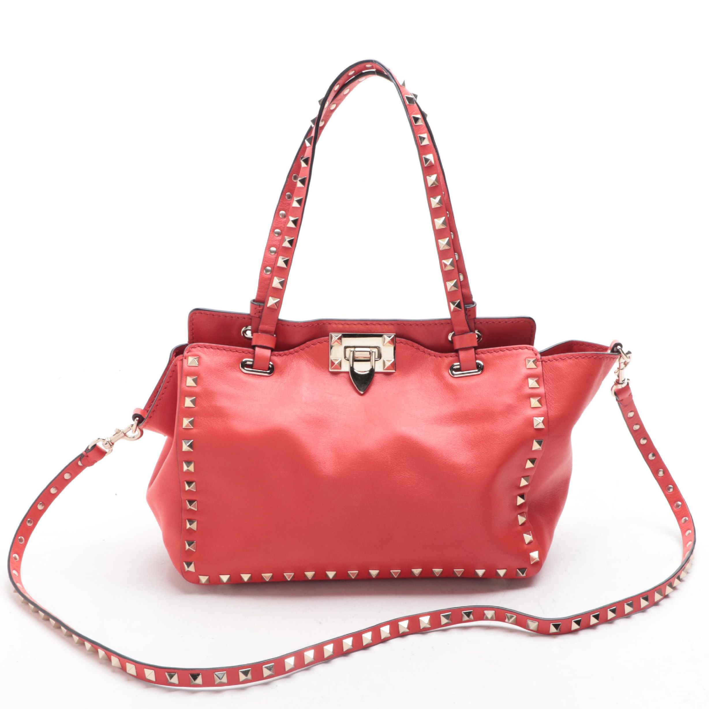 Valentino Rockstud Two-Way Tote in Red Vitello Leather