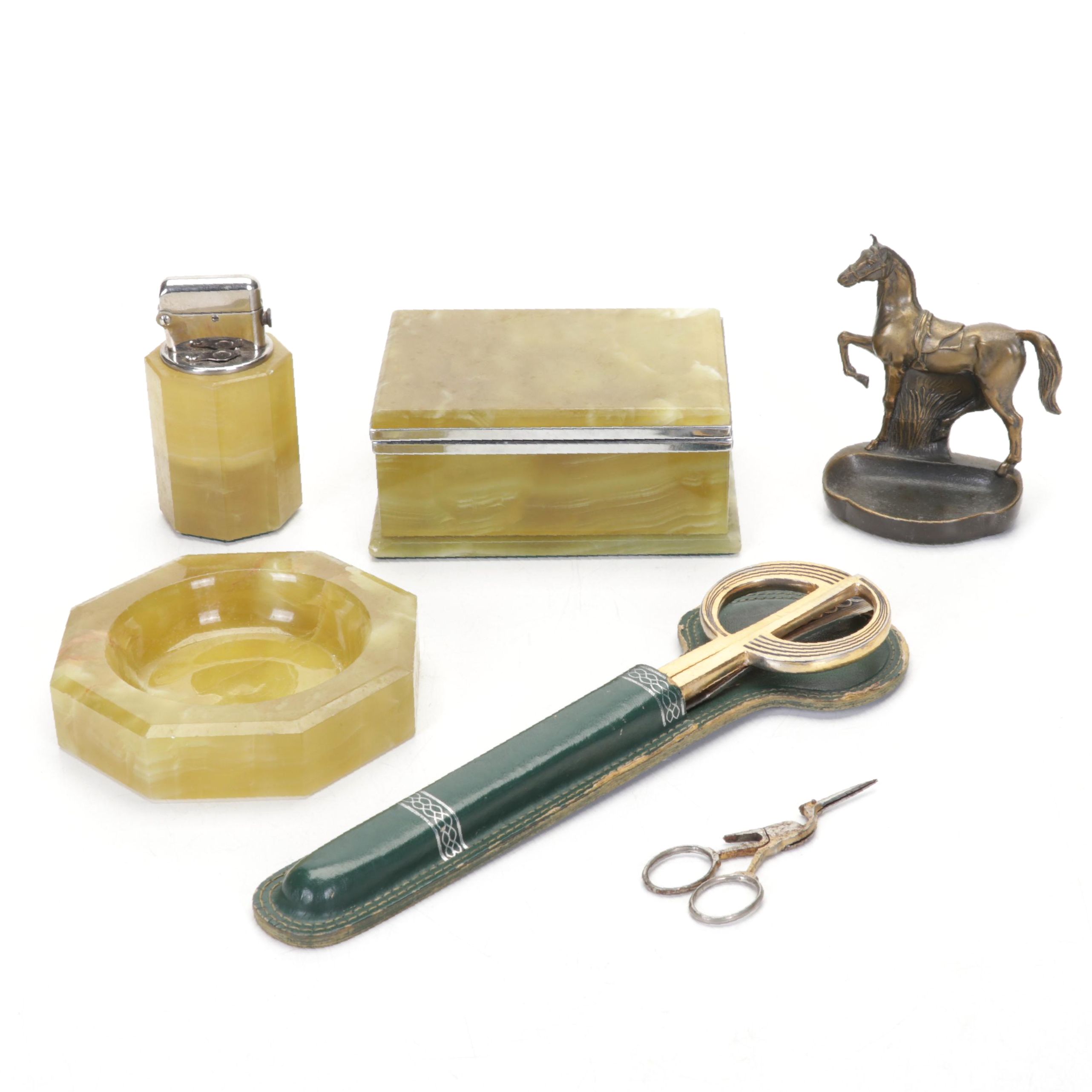 Kronheim & Oldenbusch Bronze Horse Ashtray,  Green Banded Calcite Desk Décor