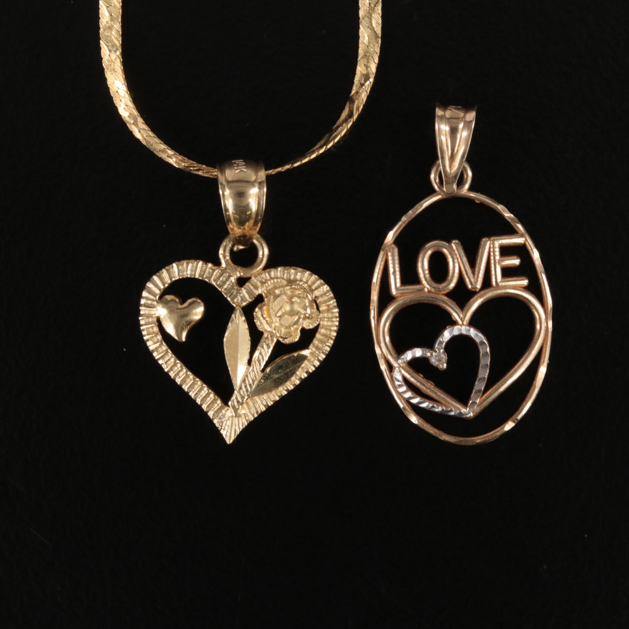 14K "Love", Rose and Heart Pendants and Chain Necklace