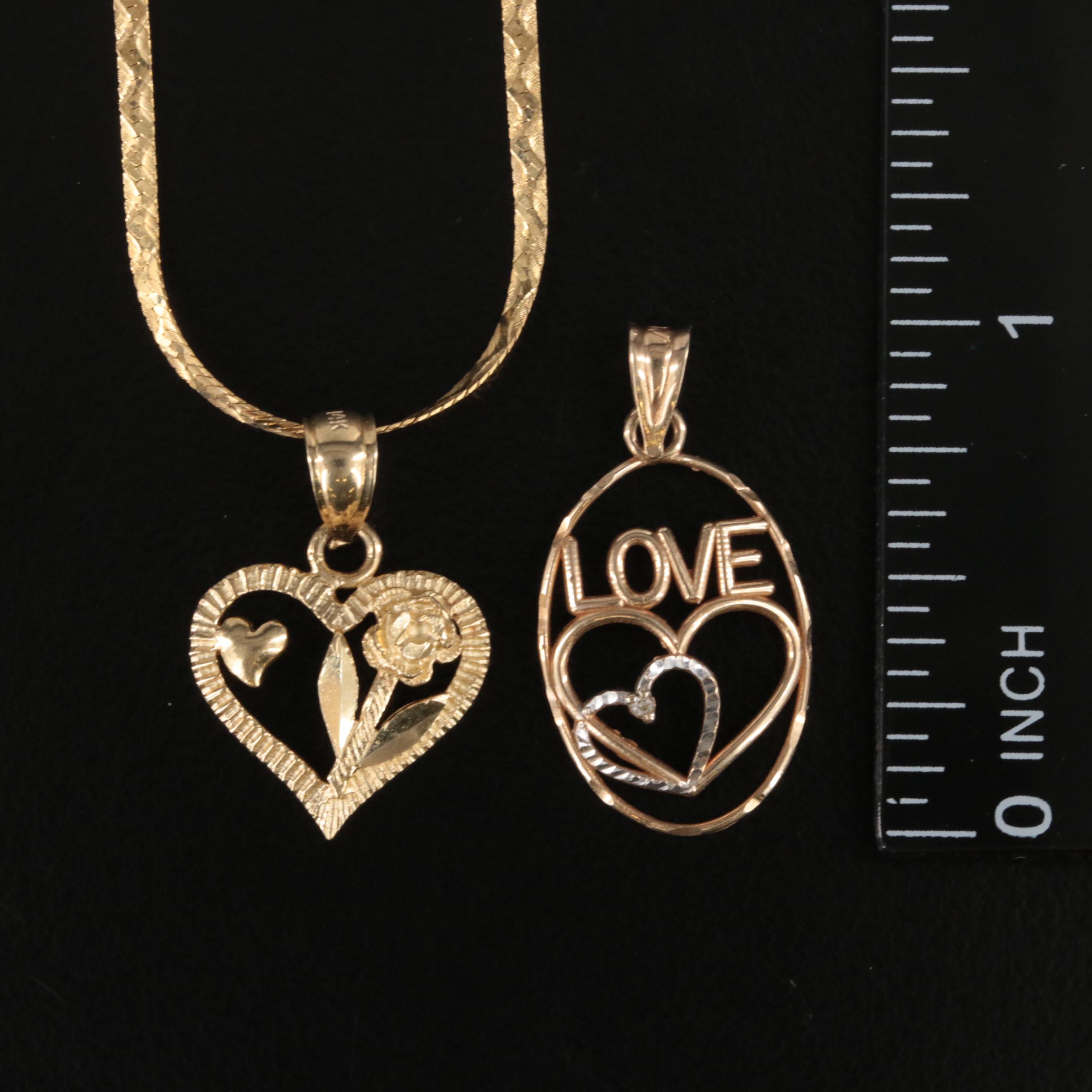 14K "Love", Rose and Heart Pendants and Chain Necklace