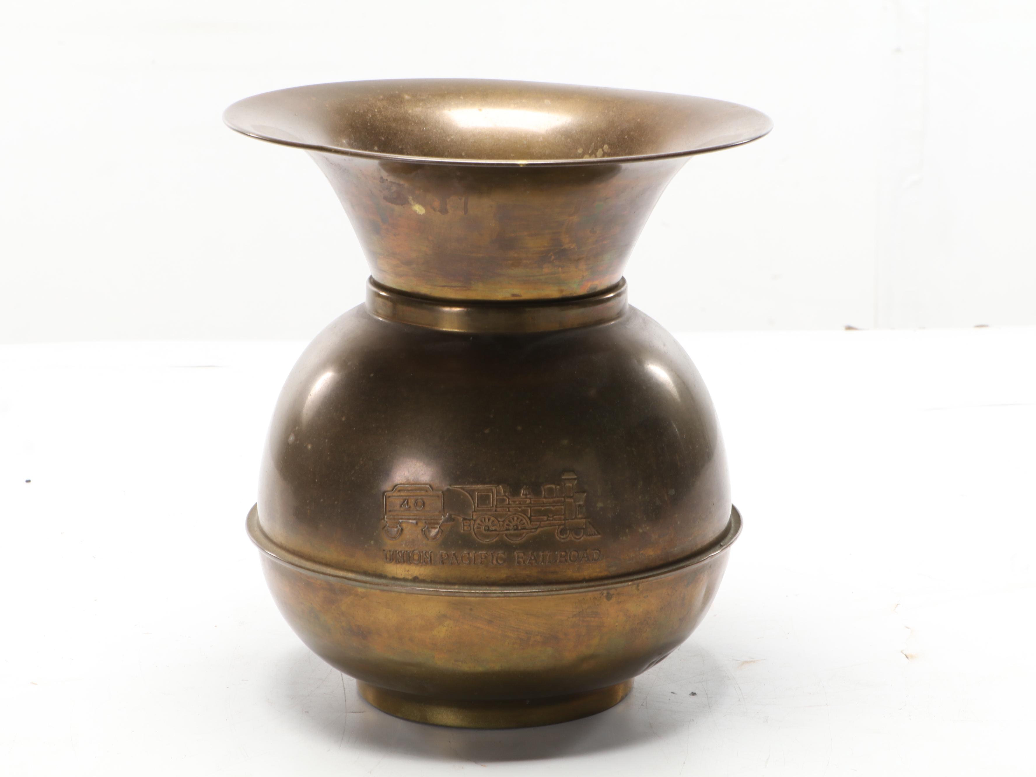 Hammered Brass Fireplace Tool Set with Union Pacific Railroad Spittoon