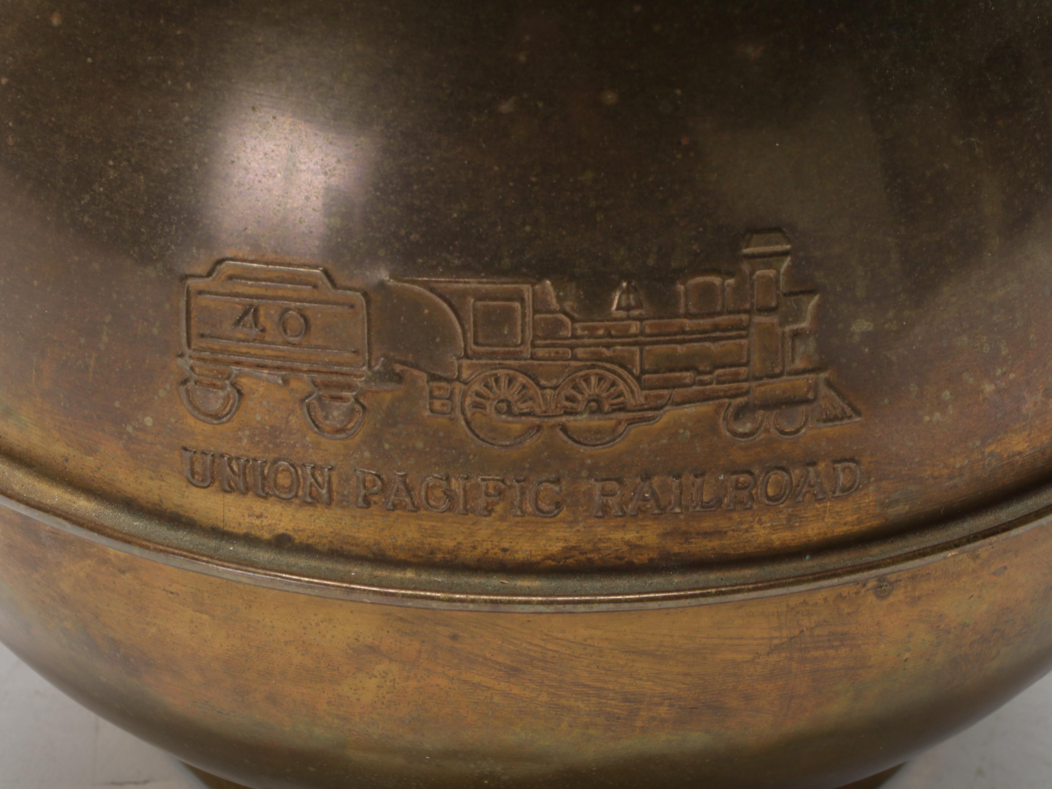 Hammered Brass Fireplace Tool Set with Union Pacific Railroad Spittoon