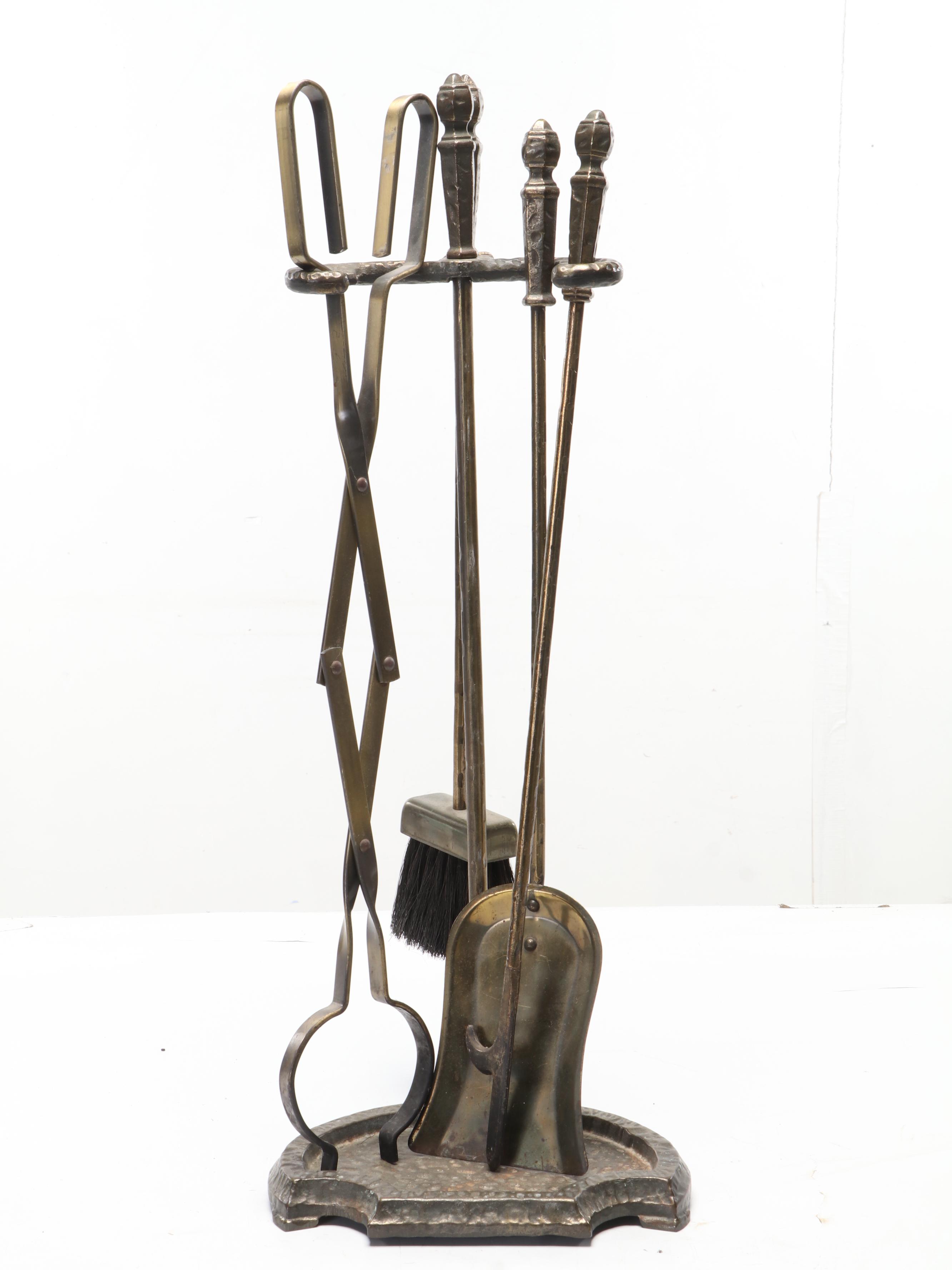 Hammered Brass Fireplace Tool Set with Union Pacific Railroad Spittoon