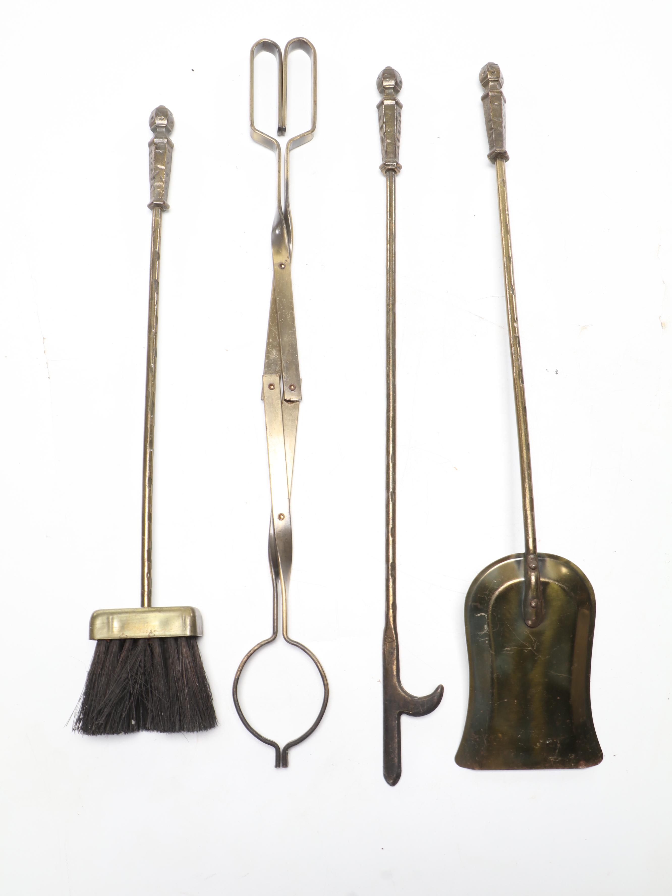 Hammered Brass Fireplace Tool Set with Union Pacific Railroad Spittoon