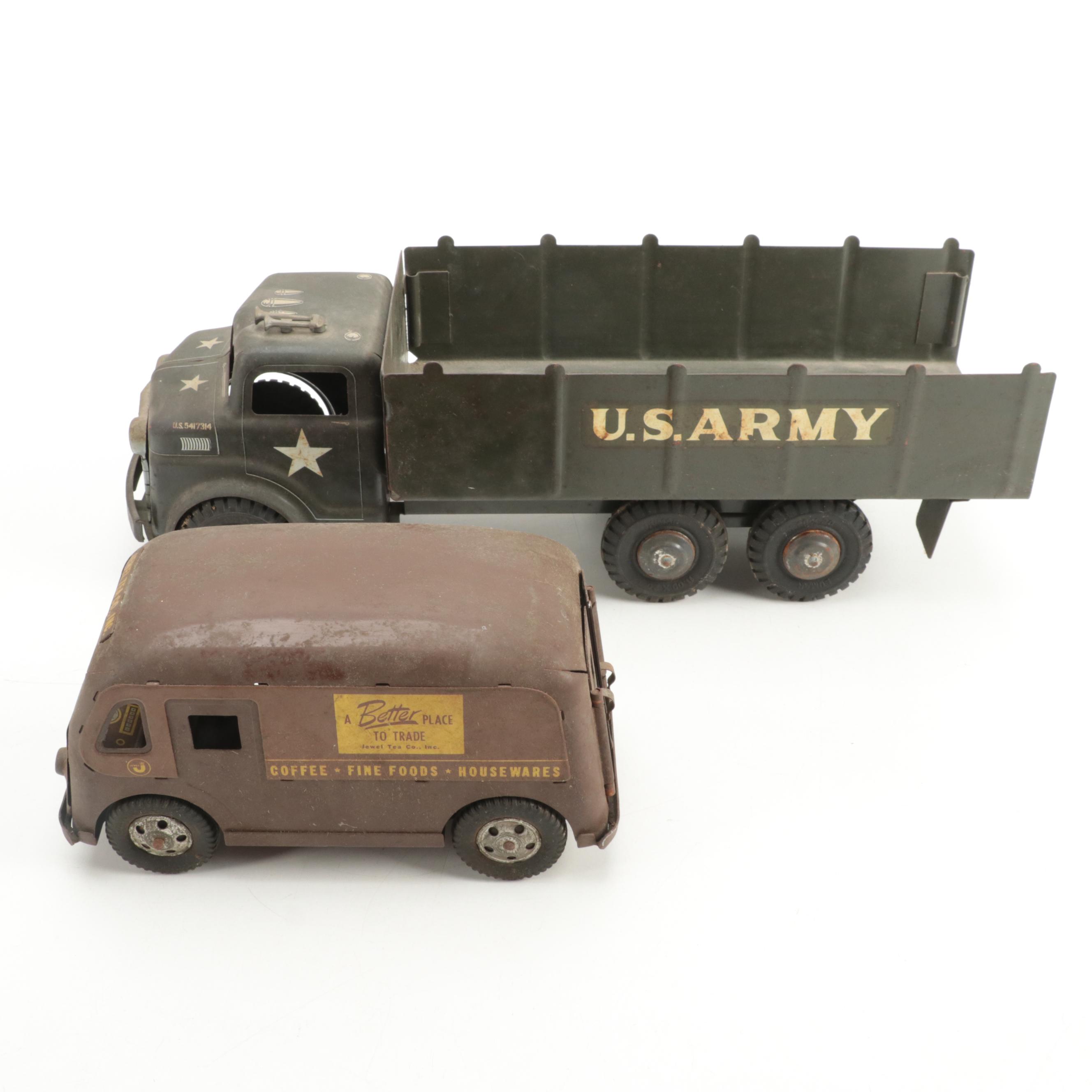 Lumar U. S. Army and Banner Jewel Tea Co. Metal Toy Trucks, Mid-20th Century