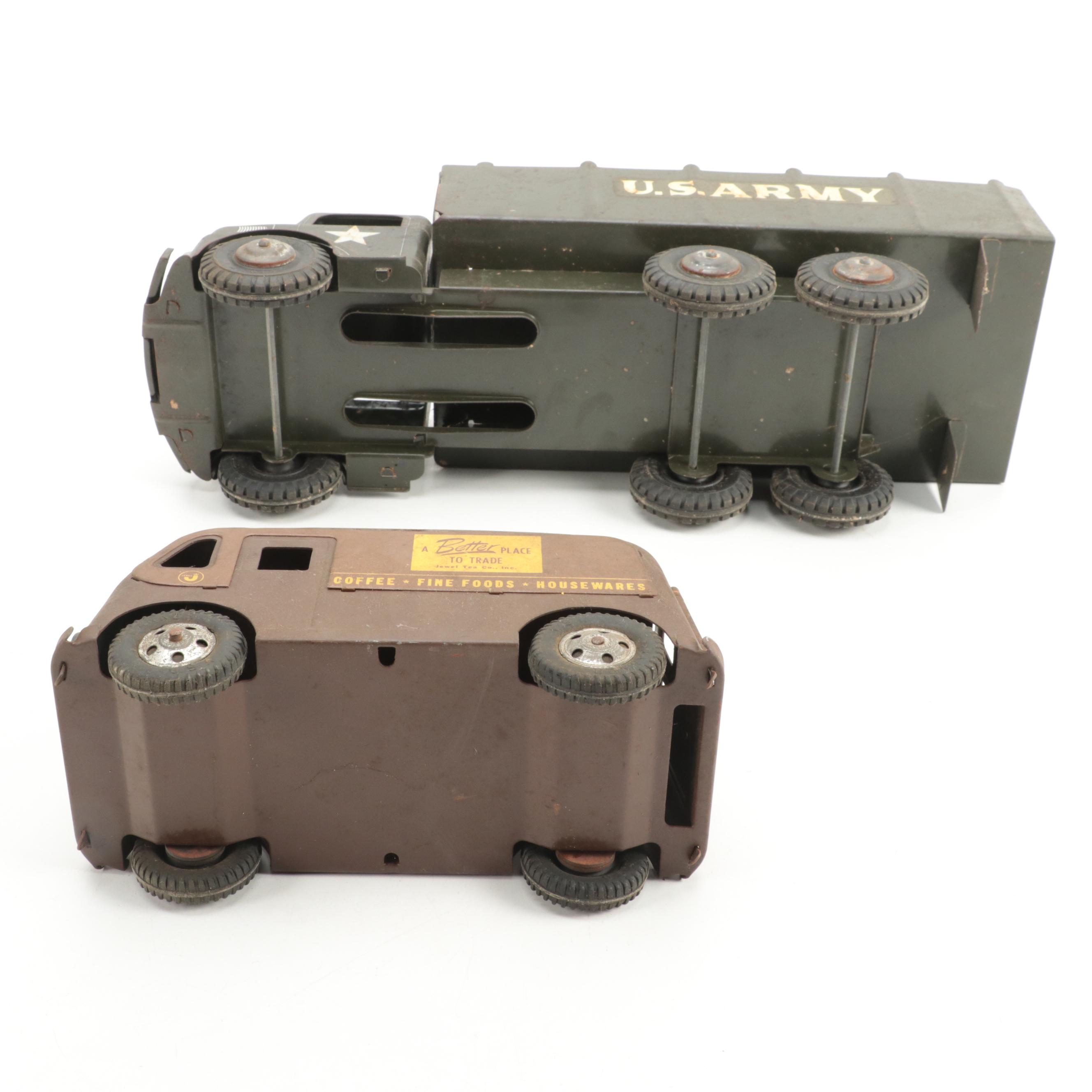 Lumar U. S. Army and Banner Jewel Tea Co. Metal Toy Trucks, Mid-20th Century