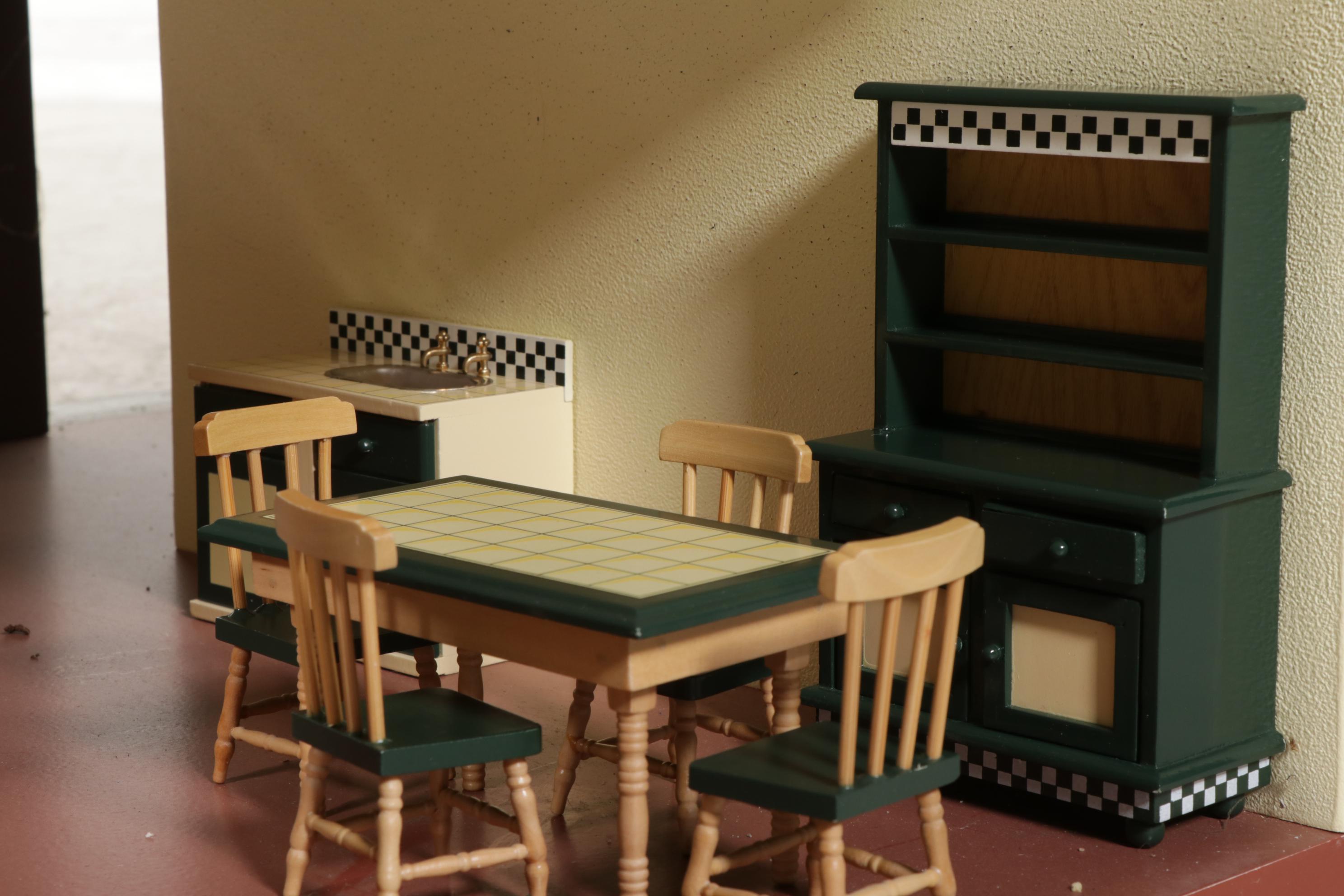 Painted Two-Story Dollhouse with Miniature Furniture and Wooden People