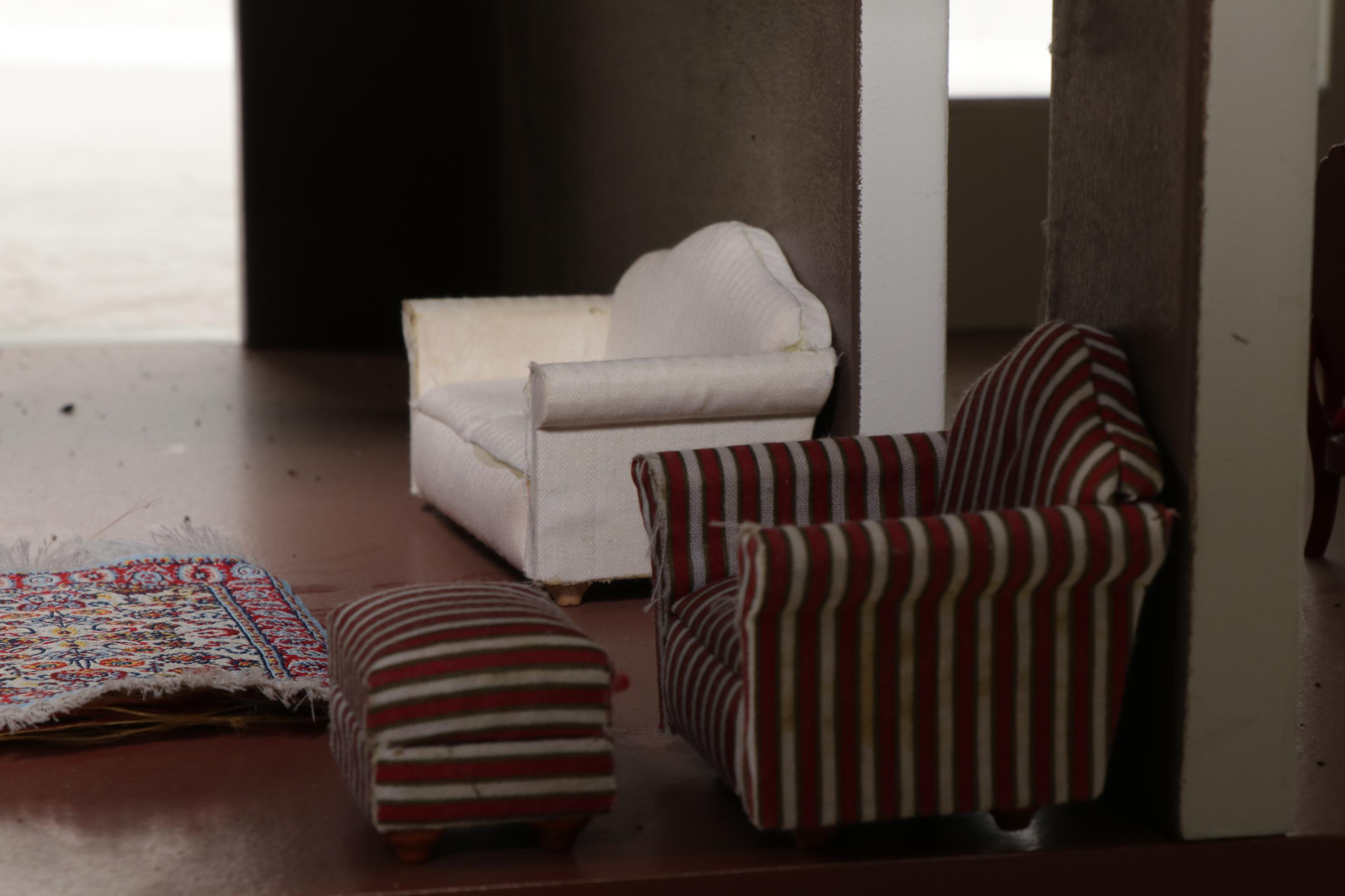 Painted Two-Story Dollhouse with Miniature Furniture and Wooden People