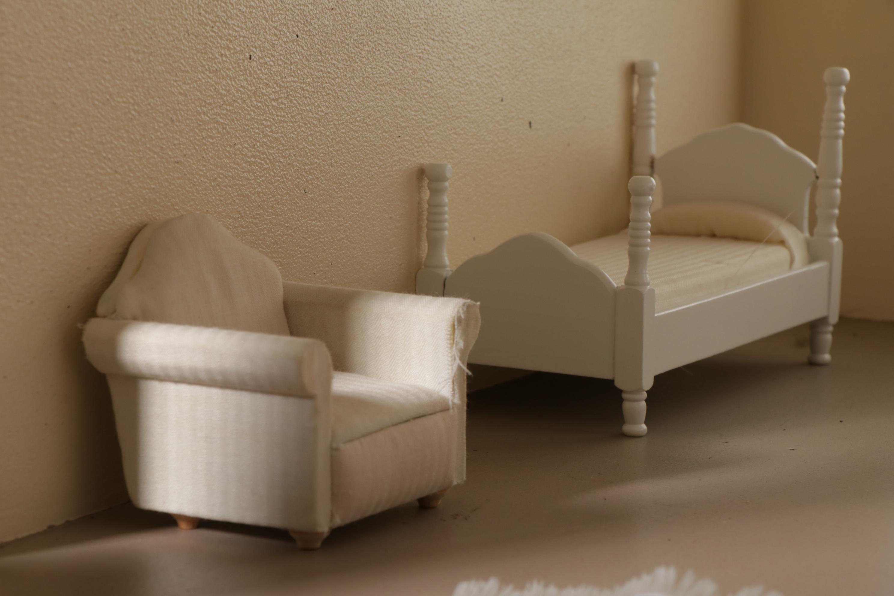 Painted Two-Story Dollhouse with Miniature Furniture and Wooden People