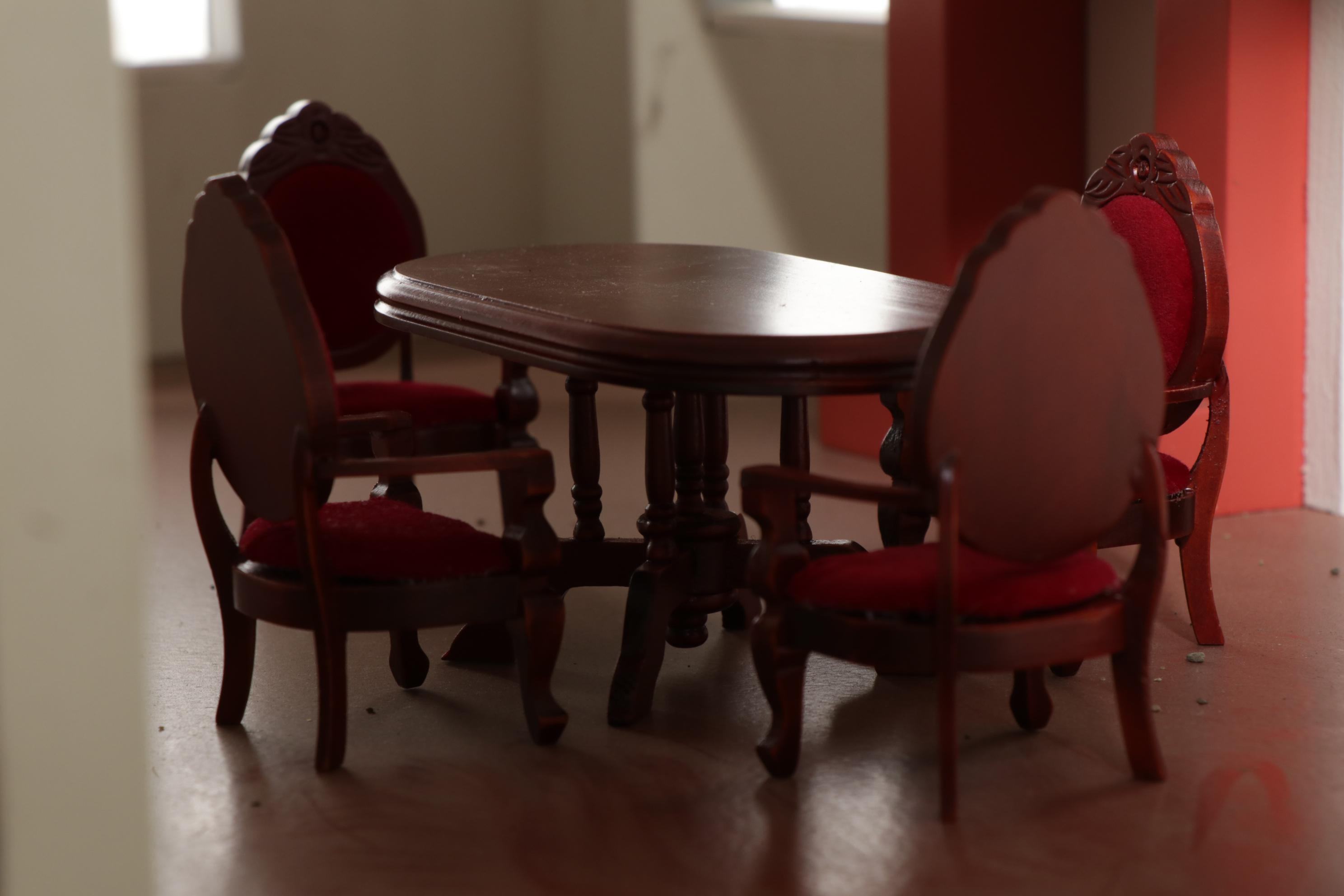 Painted Two-Story Dollhouse with Miniature Furniture and Wooden People