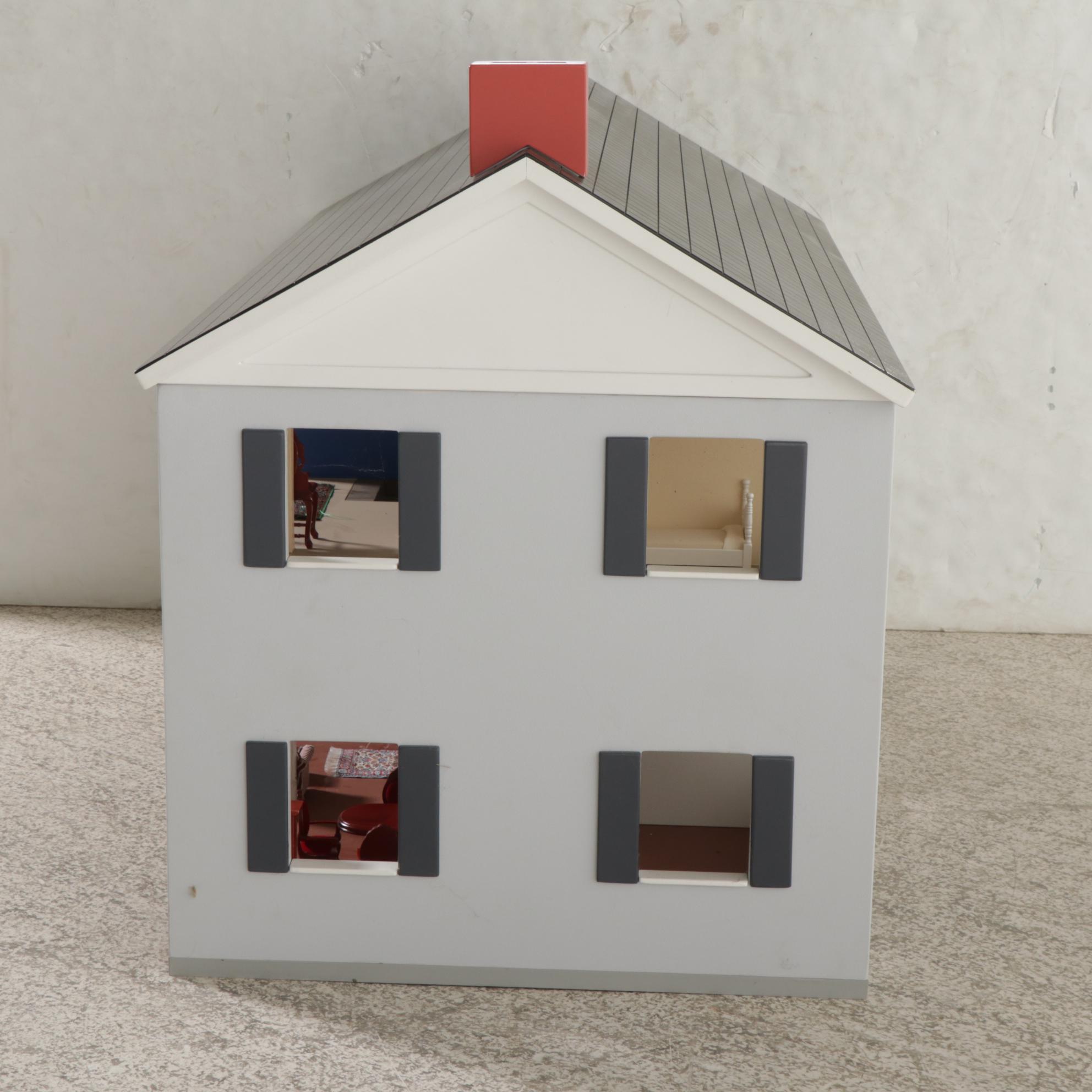 Painted Two-Story Dollhouse with Miniature Furniture and Wooden People