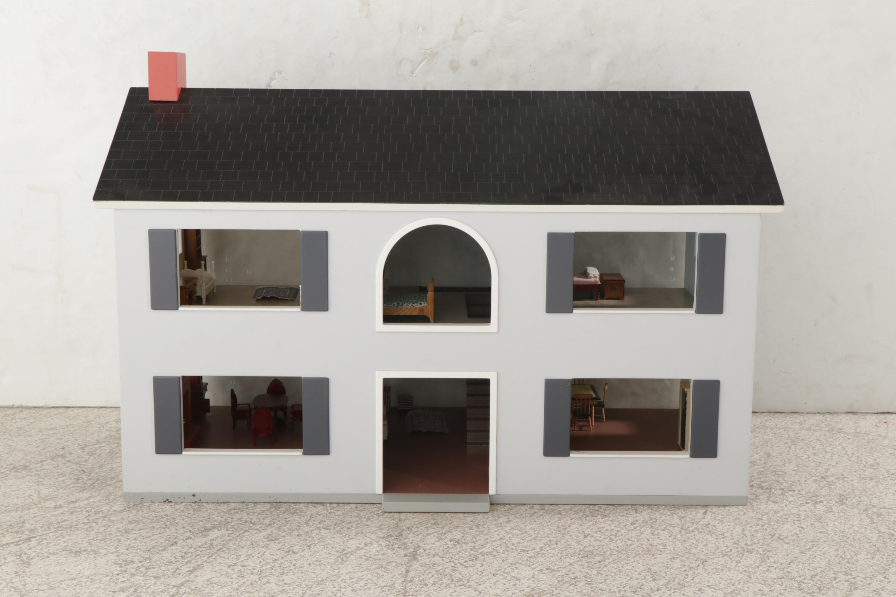Painted Two-Story Dollhouse with Miniature Furniture and Wooden People