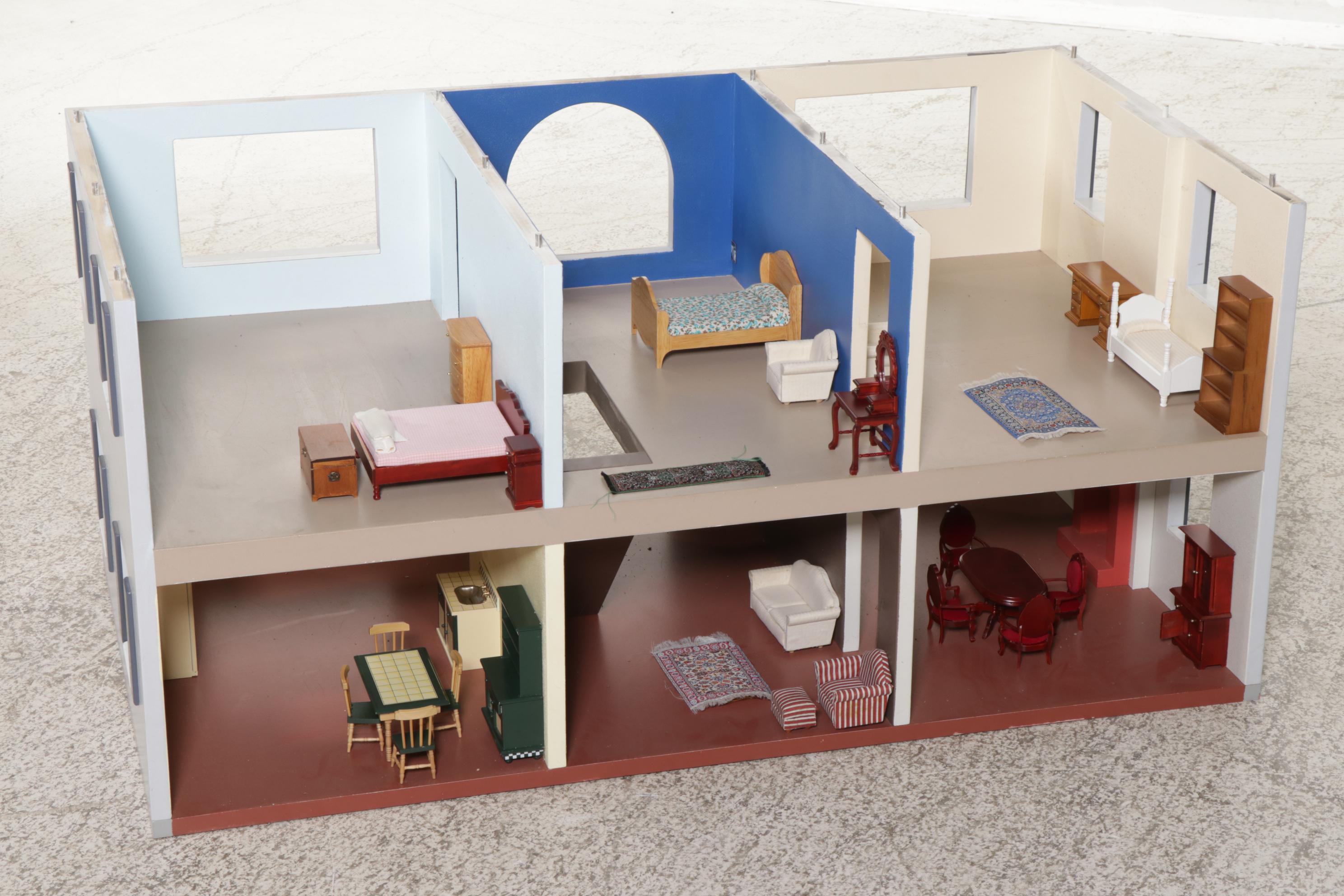 Painted Two-Story Dollhouse with Miniature Furniture and Wooden People