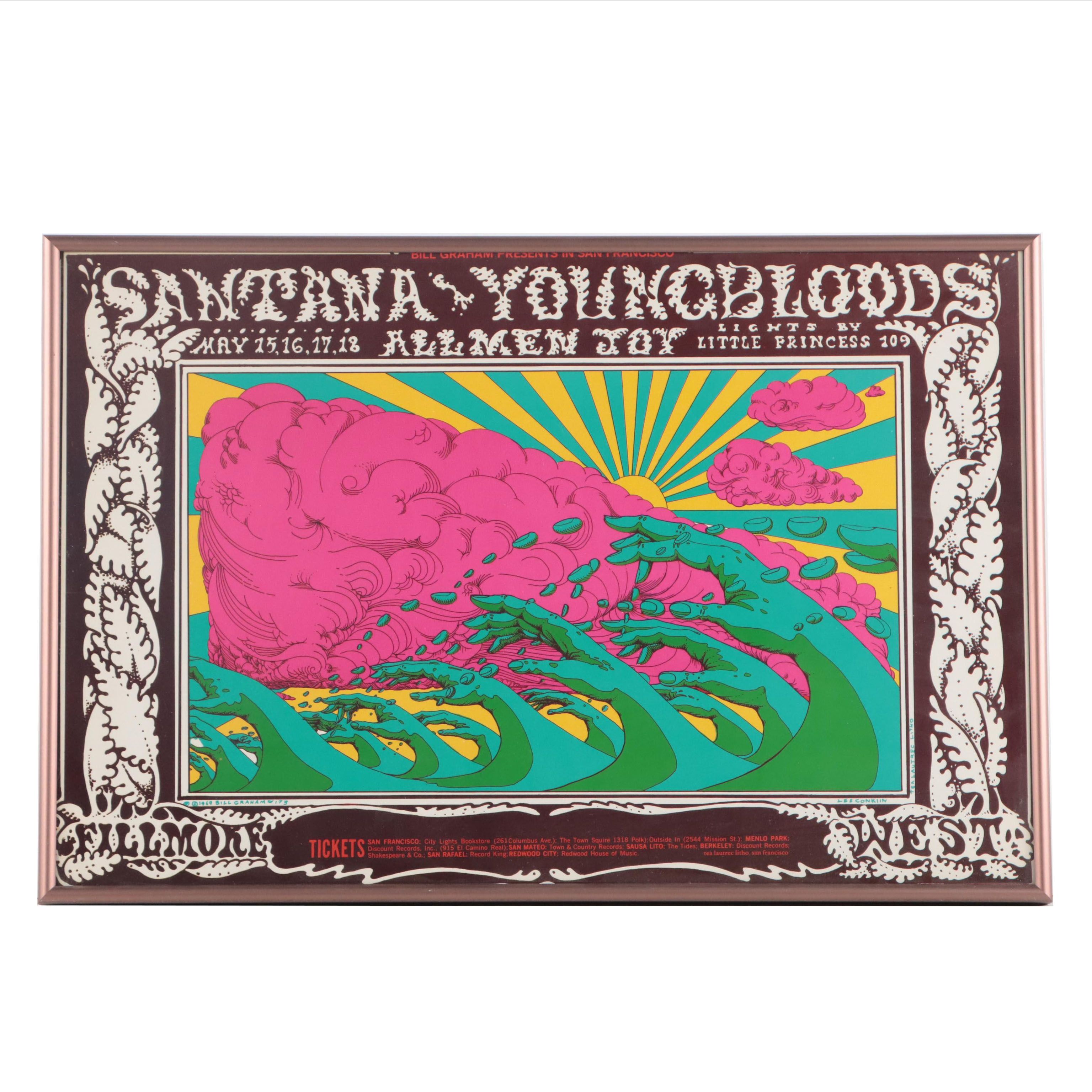 Santana/Youngbloods Color Lithograph Concert Poster After Lee Conklin, 1969