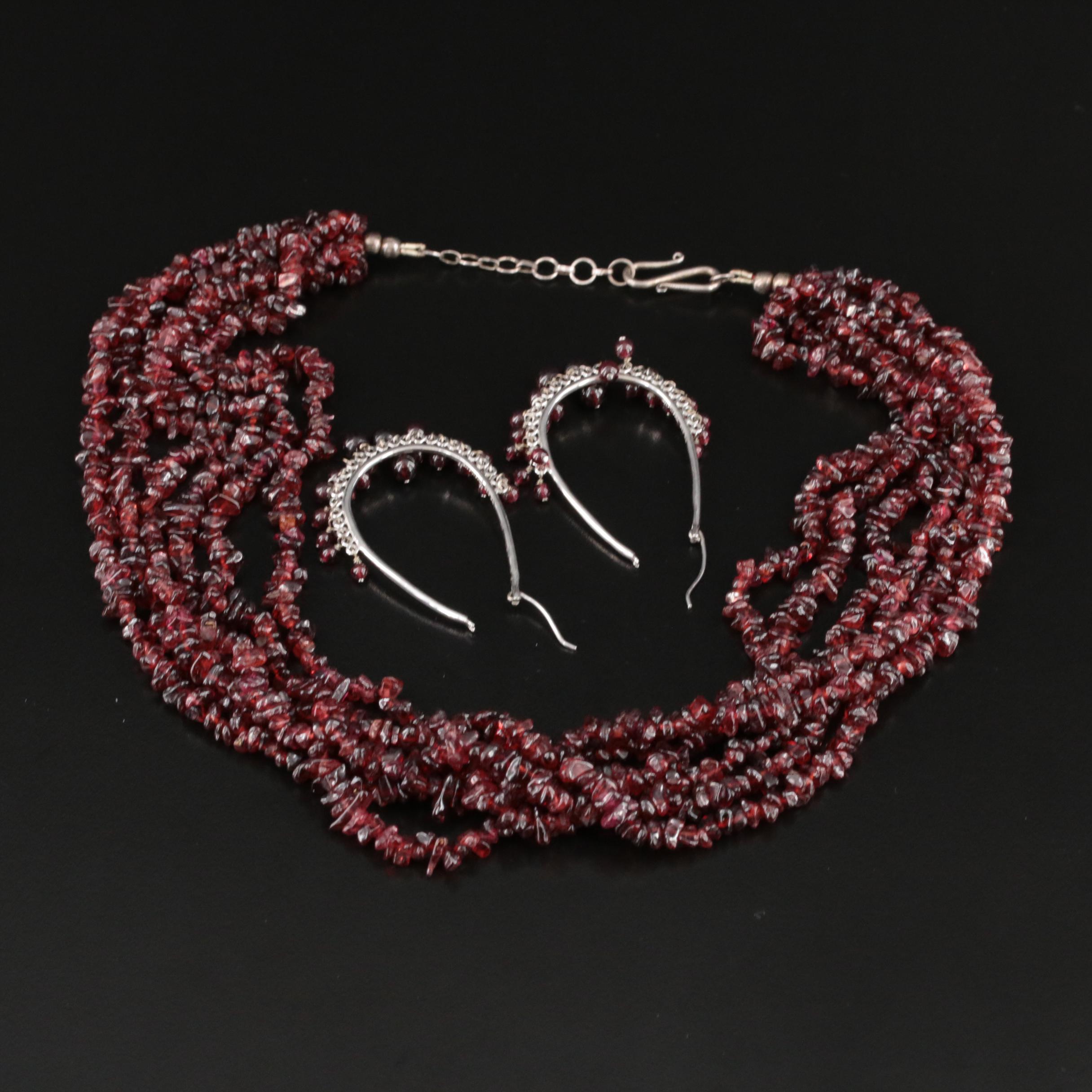 Sterling Garnet Six Strand Necklace and Fringe Hoop Earrings