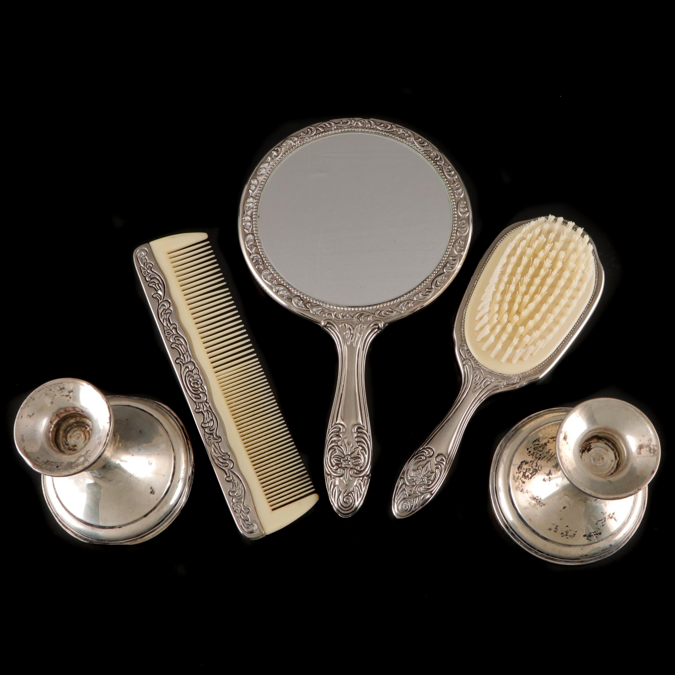 Weighted Sterling Silver Candlestick Pair with Other Victorian Style Vanity