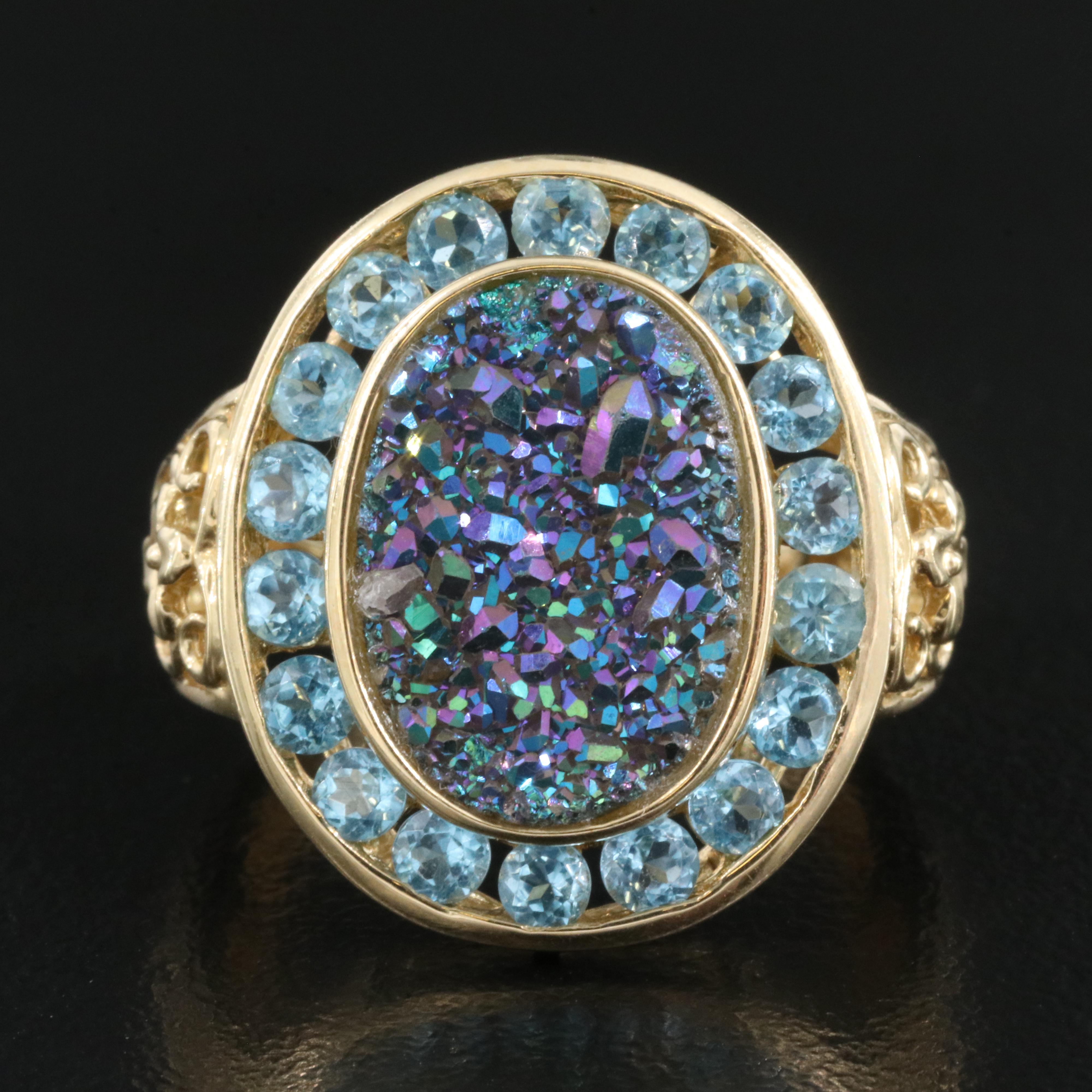 14K Druzy and Aquamarine Ring
