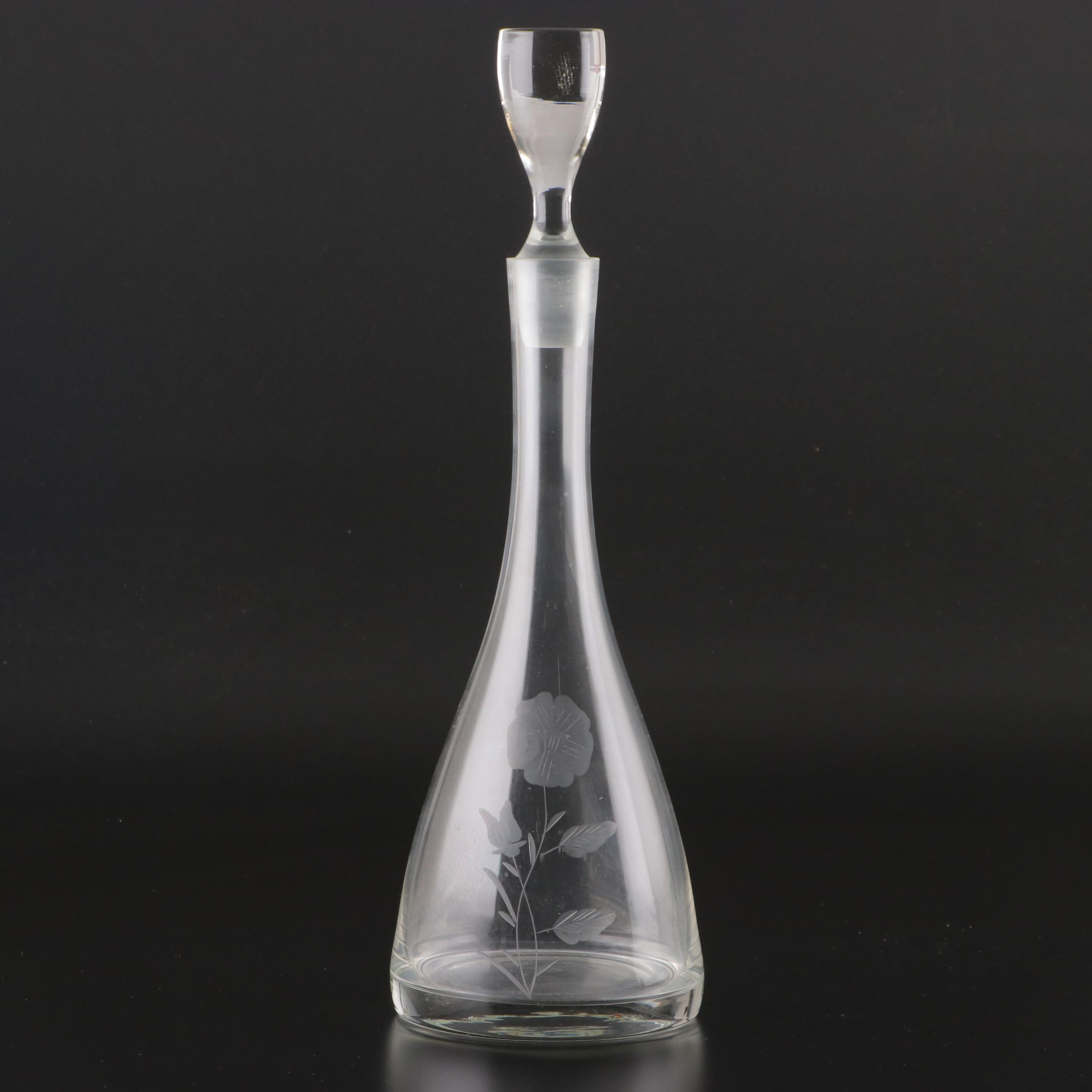 Etched Glass Decanter with Matching Wine Glasses