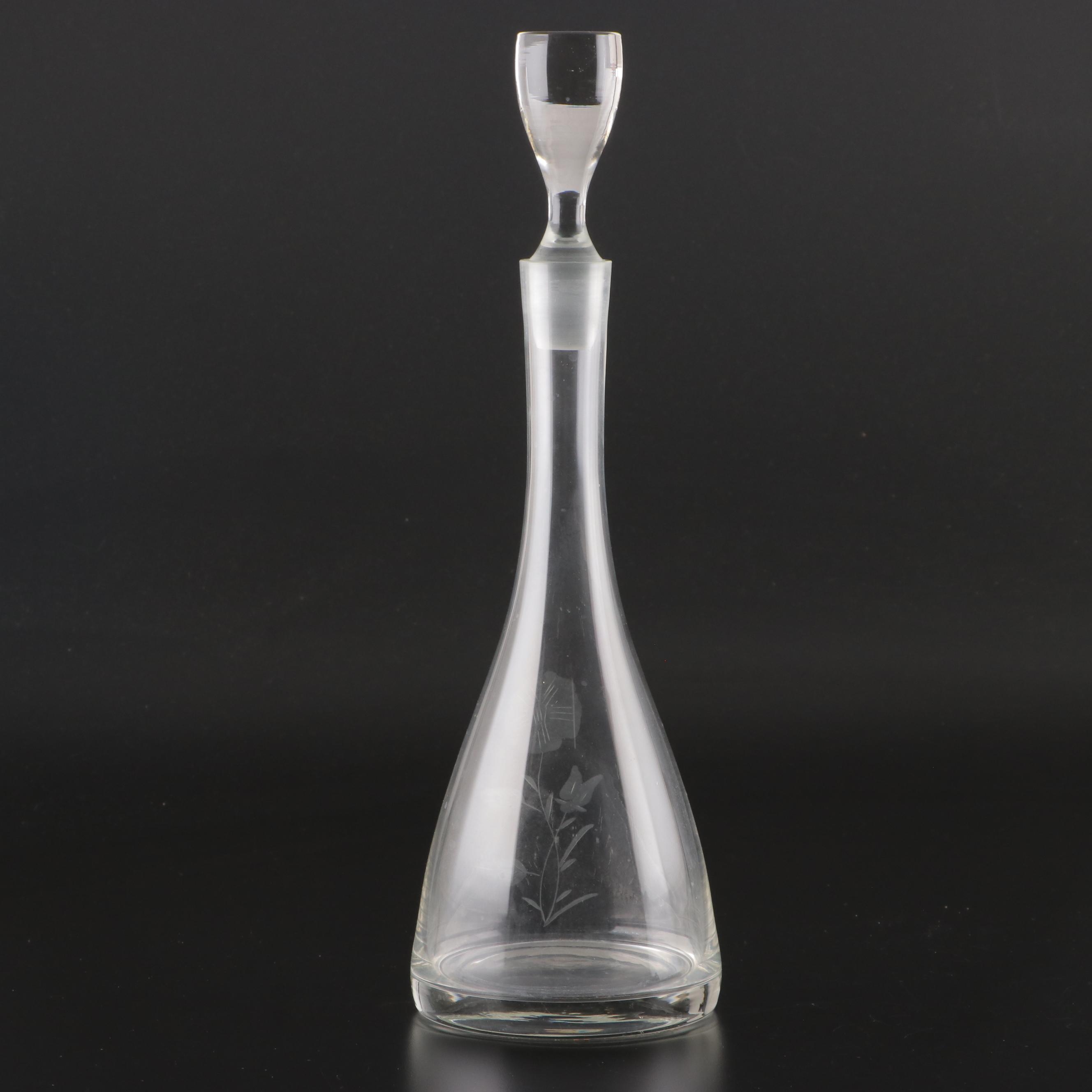 Etched Glass Decanter with Matching Wine Glasses