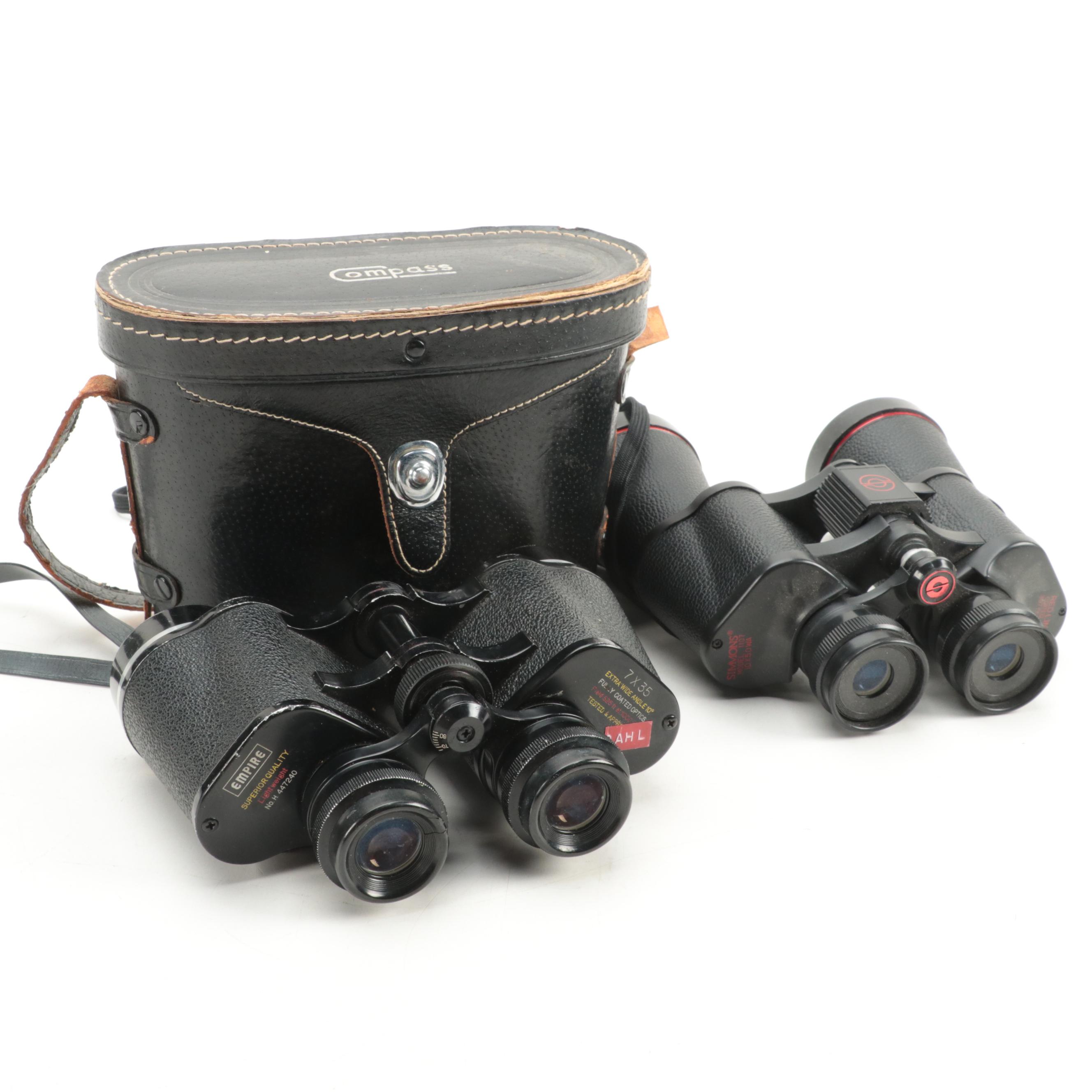Jason Empire 7 x 35 Binoculars with Simmons 10 x 50 Binoculars, Case