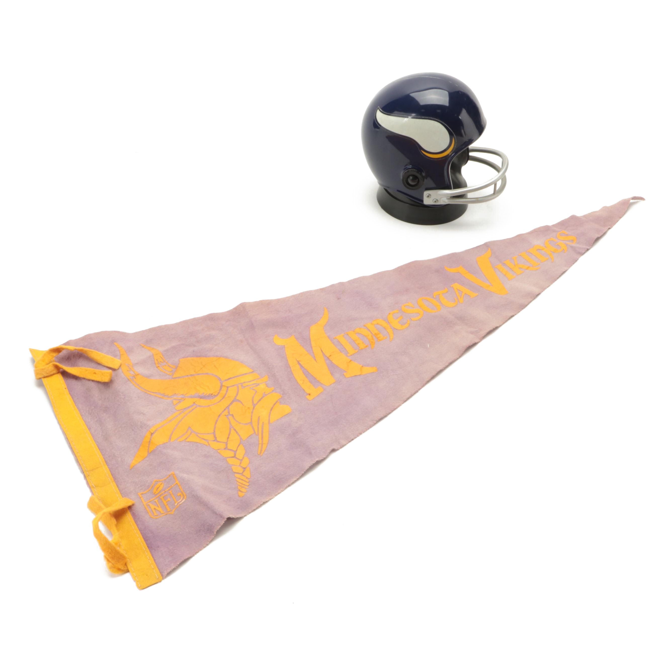 Minnesota Vikings Pennant with Pro Sports Marketing Helmet Radio, Late 20th C.